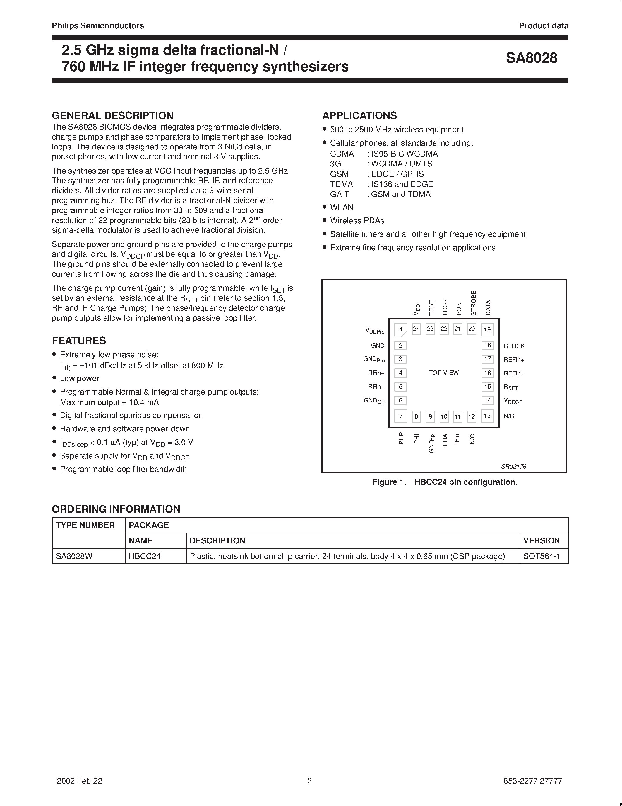 Даташит SA8028W - 2.5 GHz sigma delta fractional-N / 760 MHz IF integer frequency synthesizers страница 2