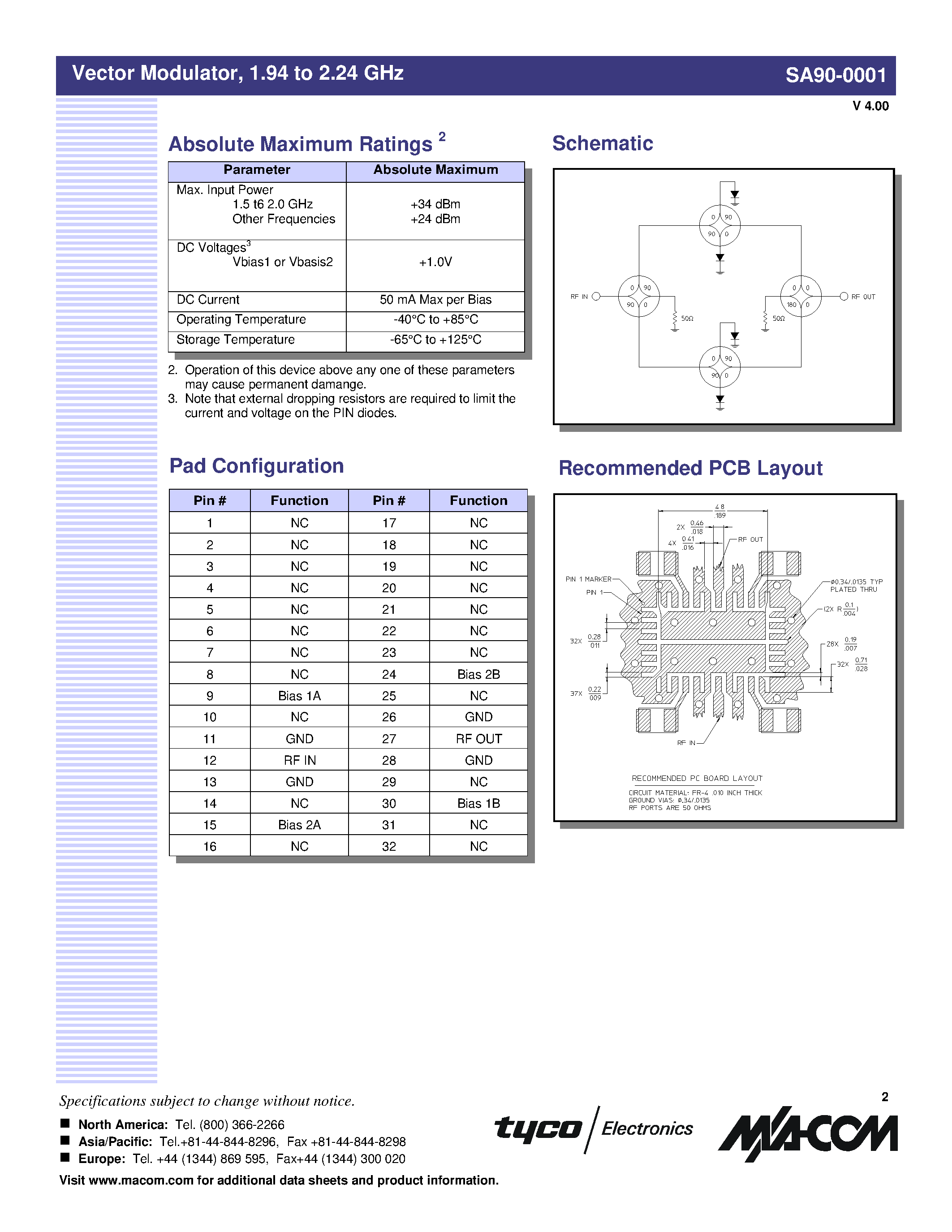 Даташит SA90-0001 - Vector Modulator / 1.94 to 2.24 GHz страница 2