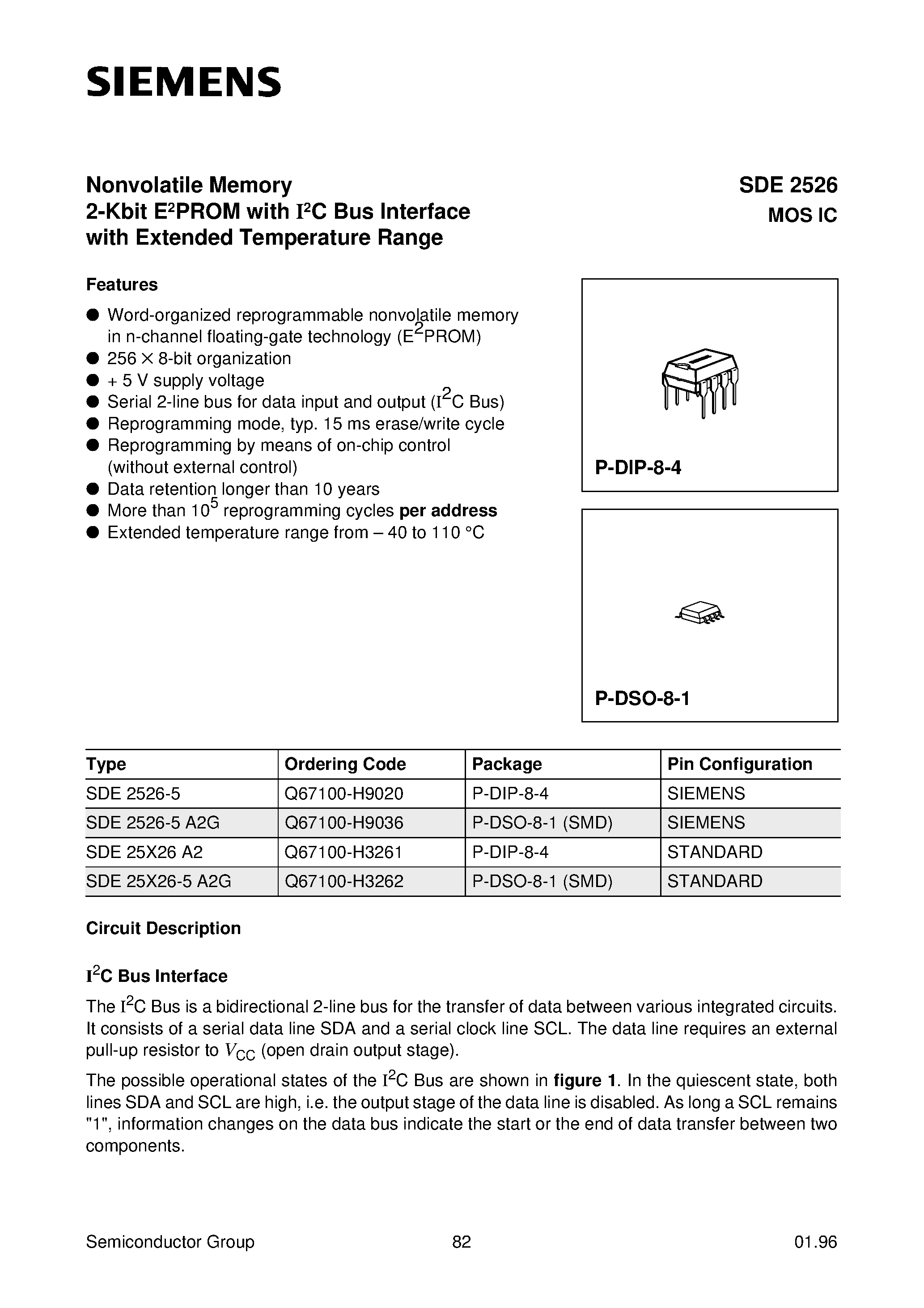 Даташит SDE2526 - Nonvolatile Memory 2-Kbit E2PROM with I2C Bus Interface with Extended Temperature Range страница 1