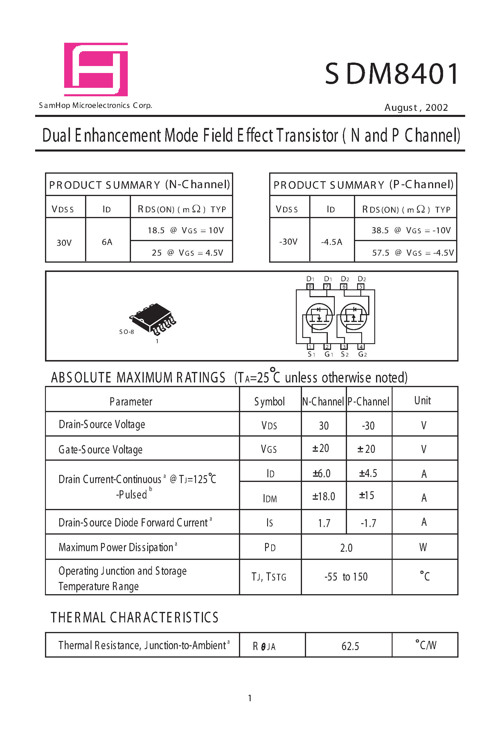 Datasheet SDM8401 - Dual E nhancement Mode Field E ffect Transistor ( N and P Channel) page 1