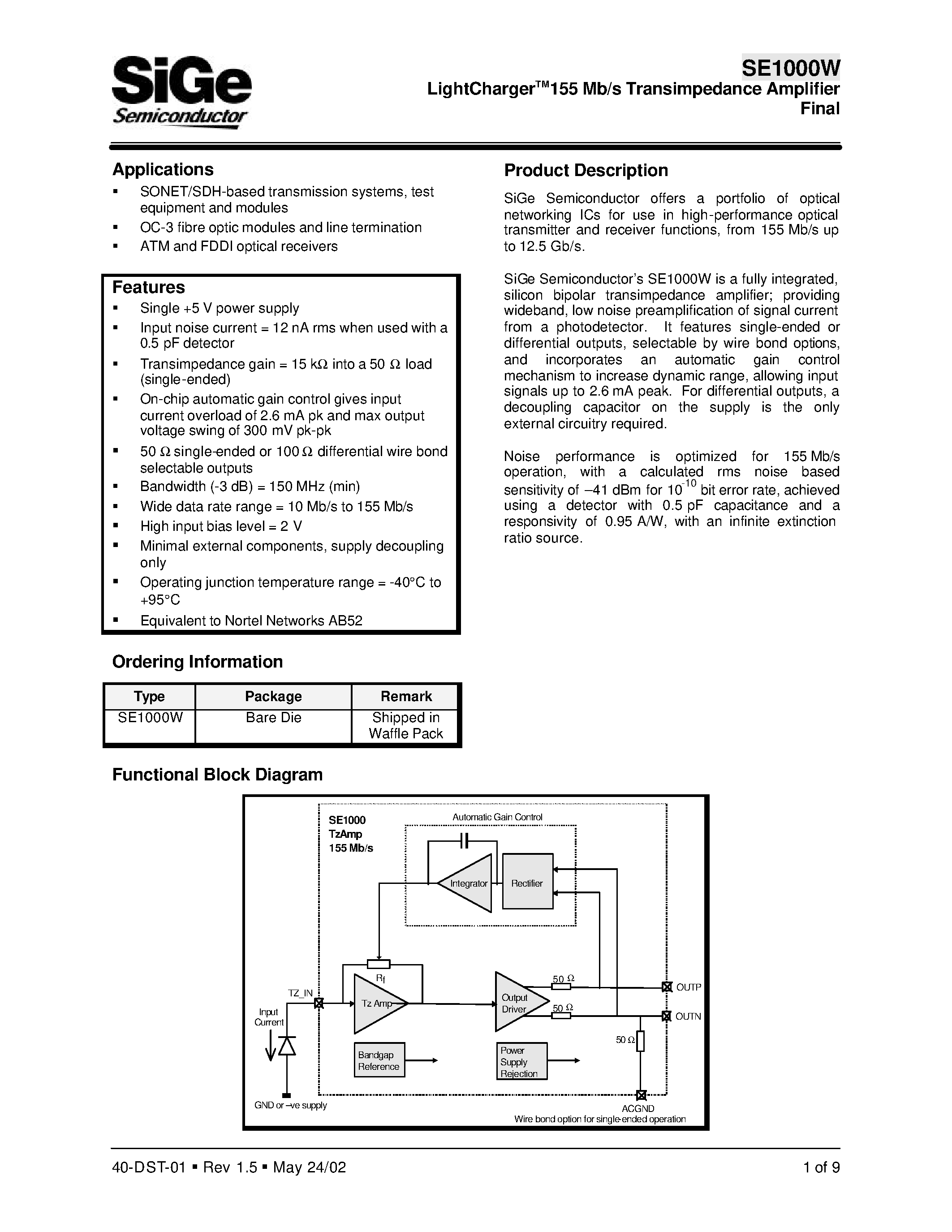 Даташит SE1000W - LightChargerTM155 Mb/s Transimpedance Amplifier Final страница 1