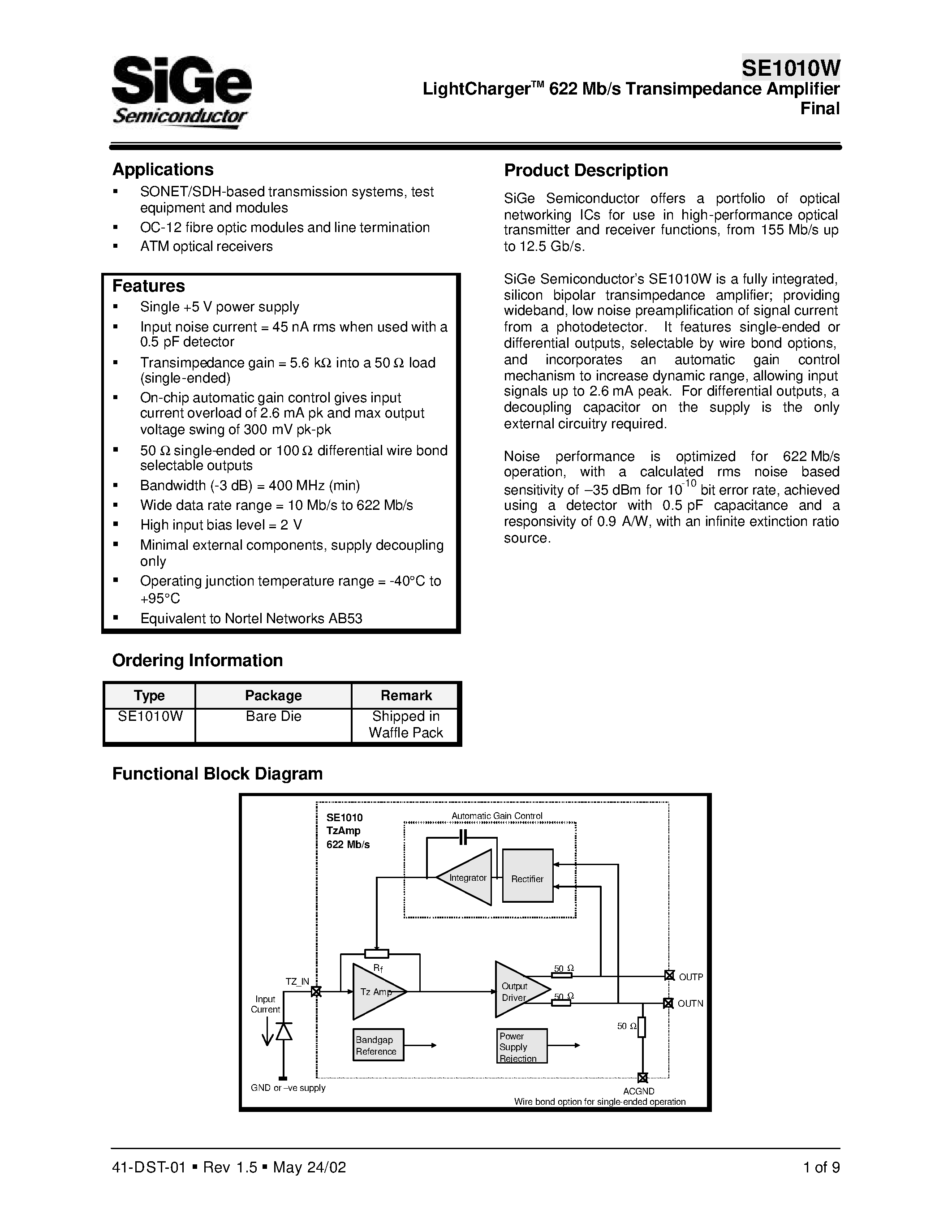 Даташит SE1010W - LightChargerTM 622 Mb/s Transimpedance Amplifier Final страница 1