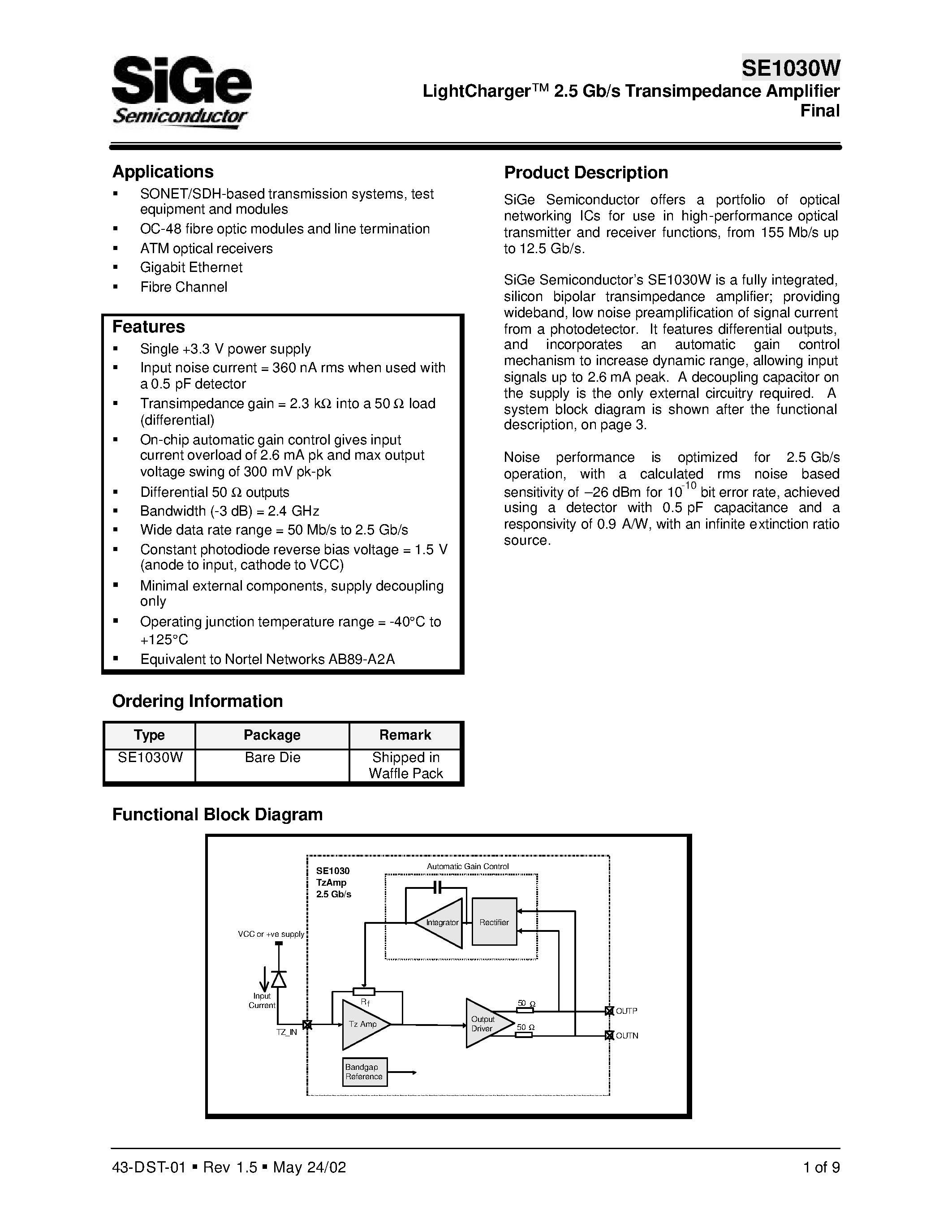 Даташит SE103 - LightCharger 2.5 Gb/s Transimpedance Amplifier LP Final страница 1