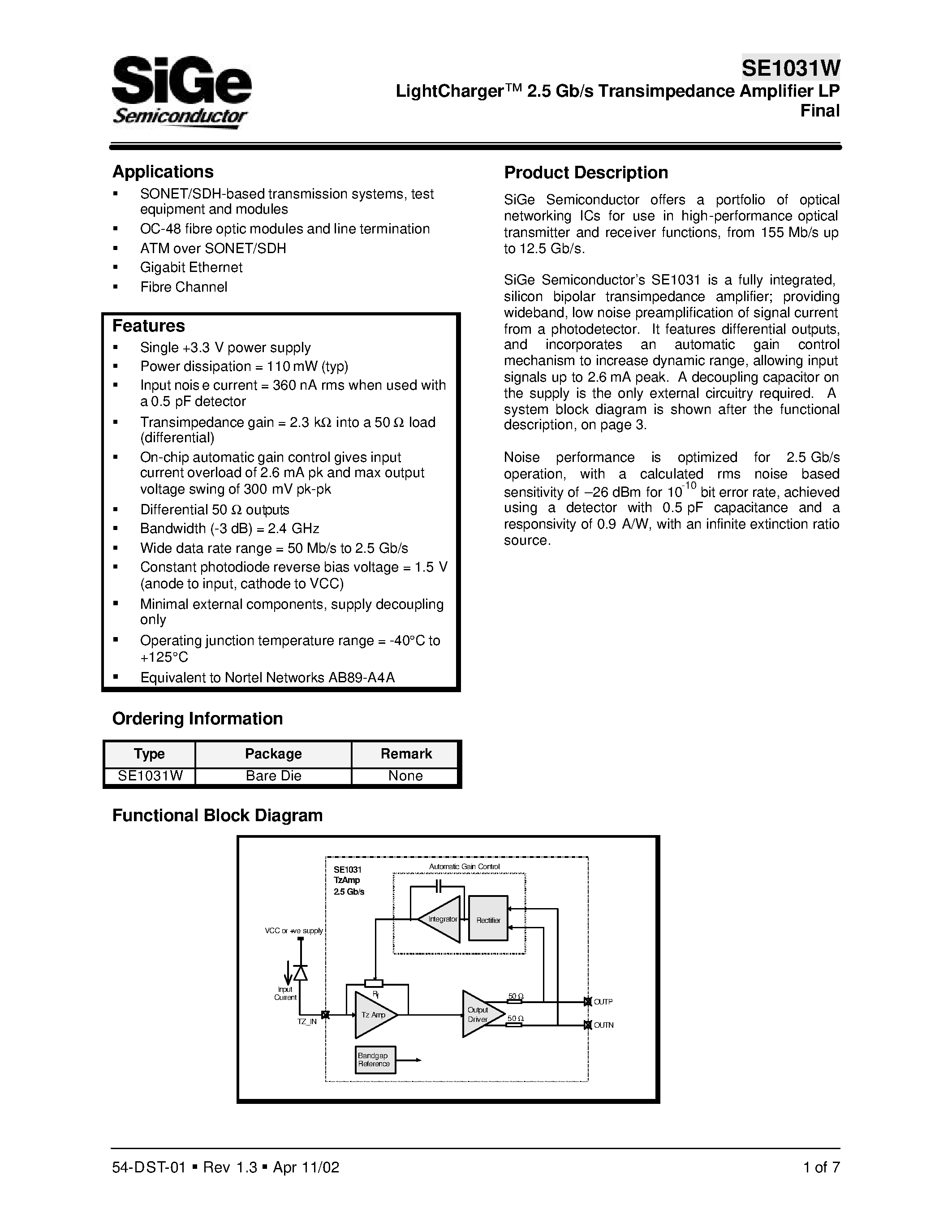 Даташит SE1031W - LightCharger 2.5 Gb/s Transimpedance Amplifier LP Final страница 1