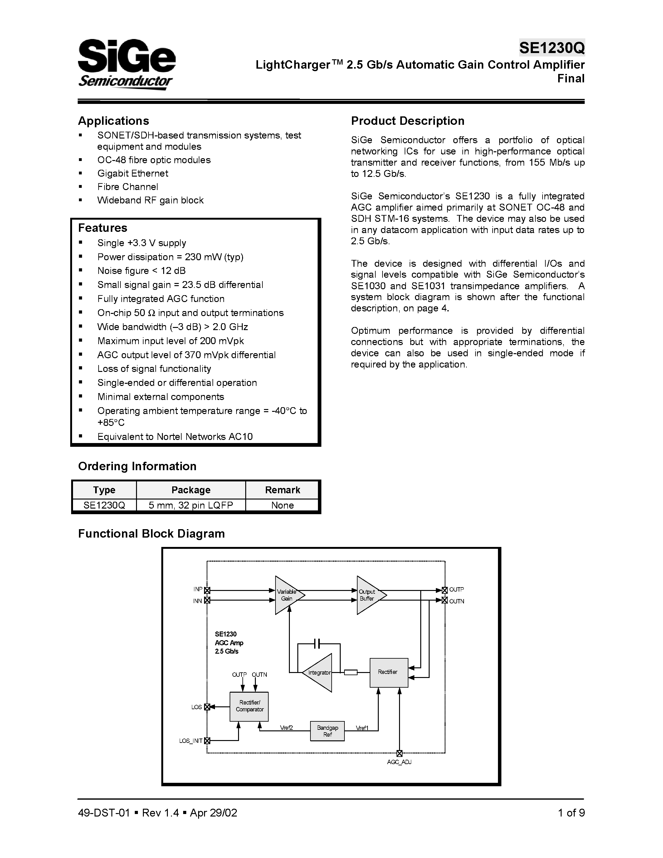 Даташит SE1230Q - LightCharger 2.5 Gb/s Automatic Gain Control Amplifier Final страница 1