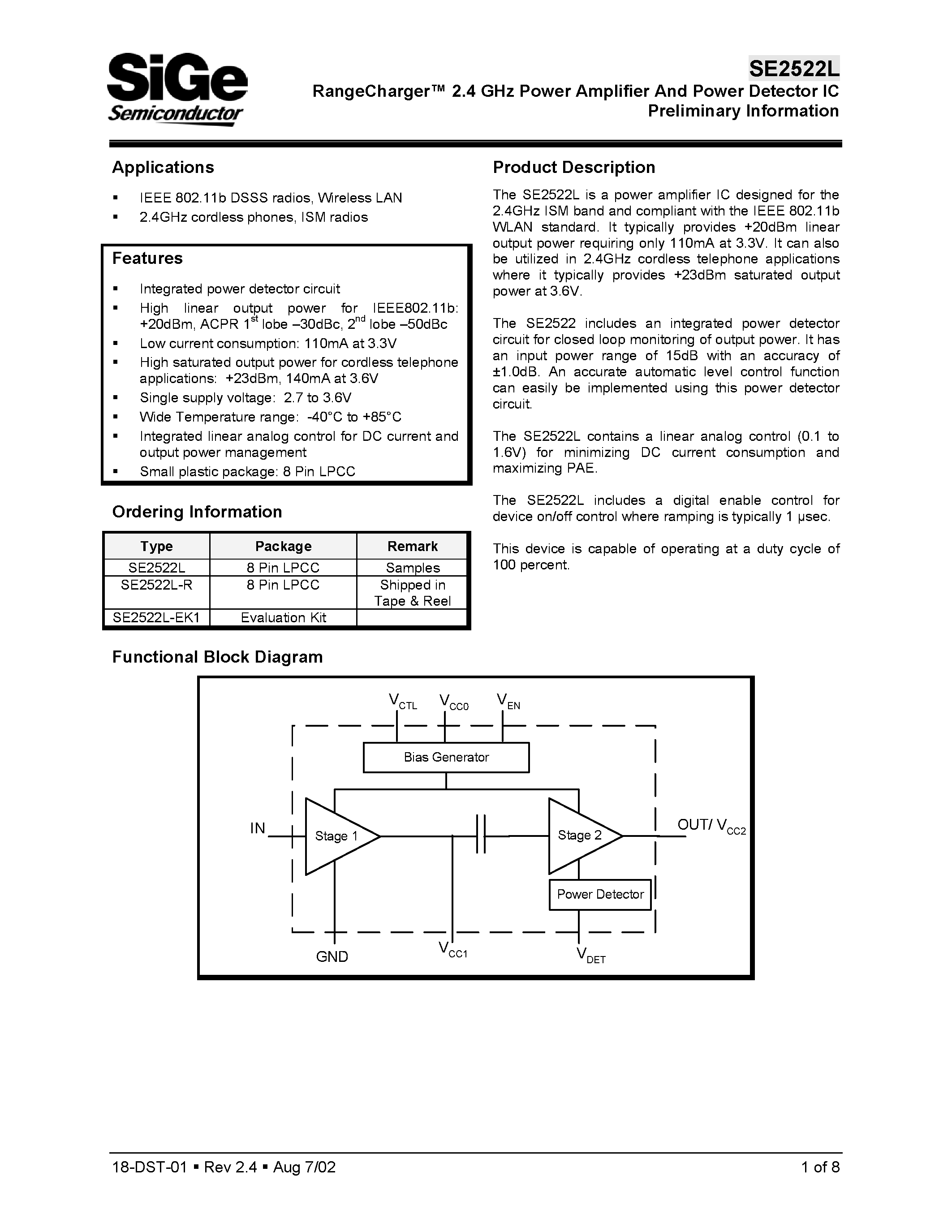 Datasheet SE2522L-R - RangeCharger 2.4 GHz Power Amplifier And Power Detector IC Preliminary Information page 1