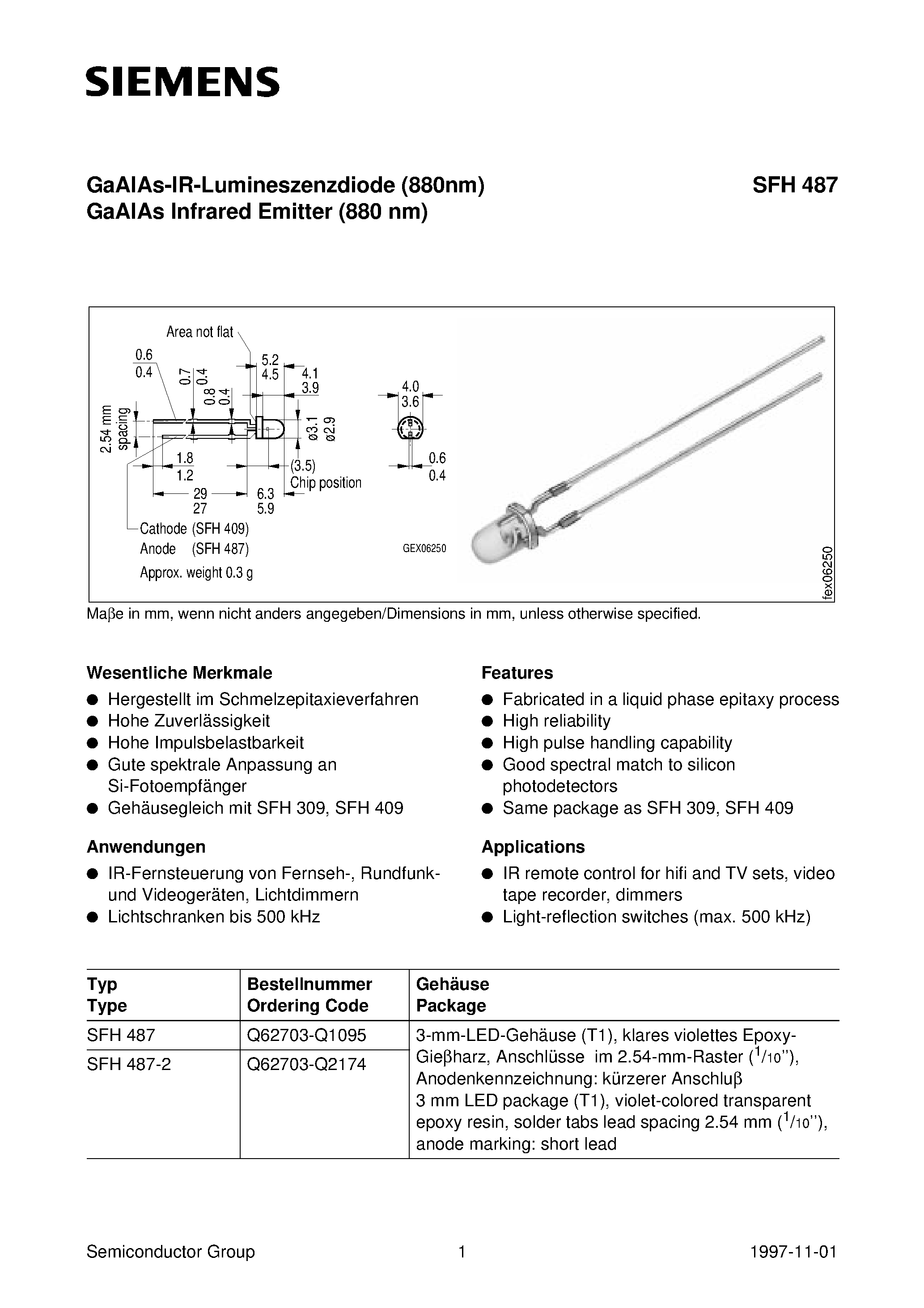 Datasheet SFH487-2 page 1 Datasheet SFH487-2 - GaAIAs-IR-Lumineszenzdiode 880nm GaAIAs Infrared Emitter 880 nm page 1