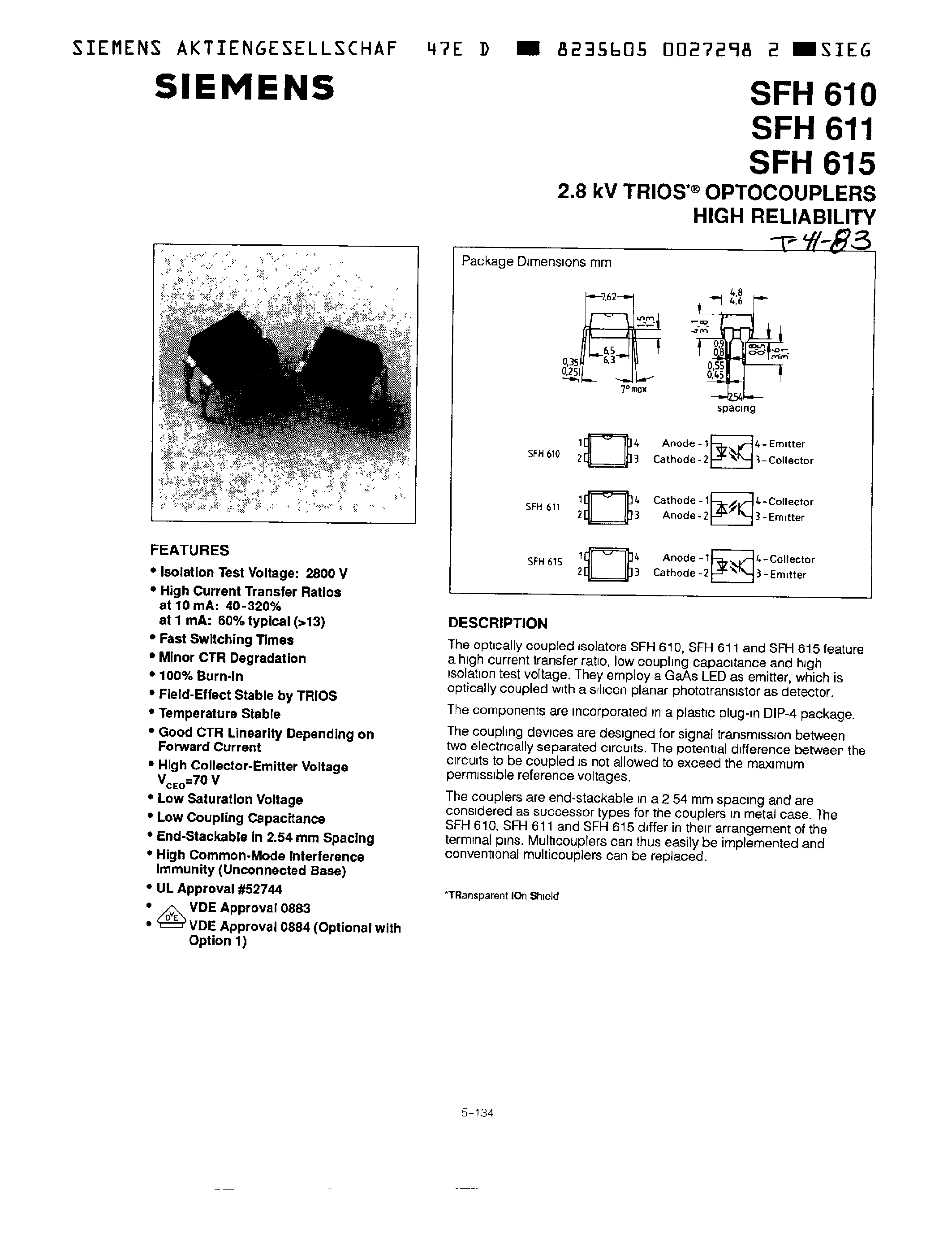 Даташит SFH610 - 2.8KV TRIOS OPTOCOUPLERS HIGH RELIABILITY страница 1