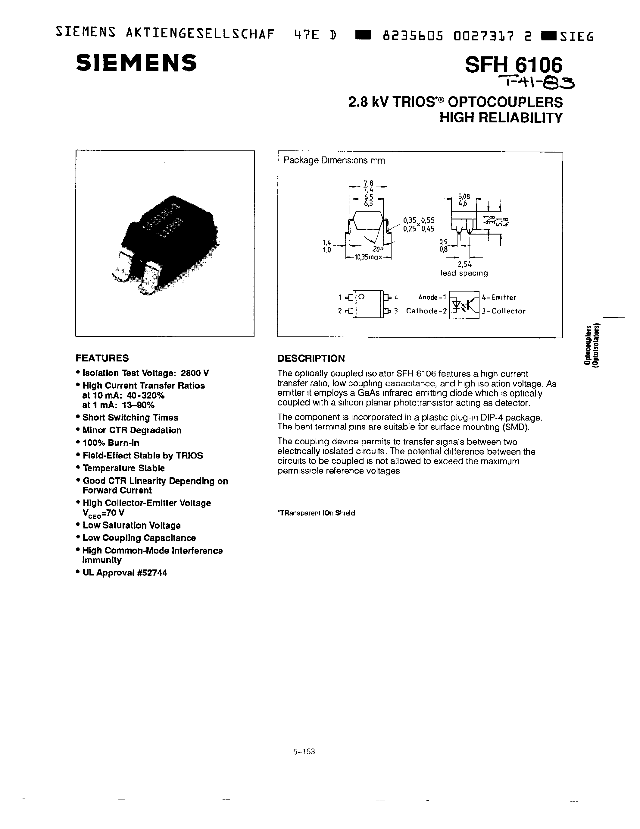 Даташит SFH6106 - 2.8 KV TRIOS OPTOCOUPLERS HIGH RELIABILITY страница 1