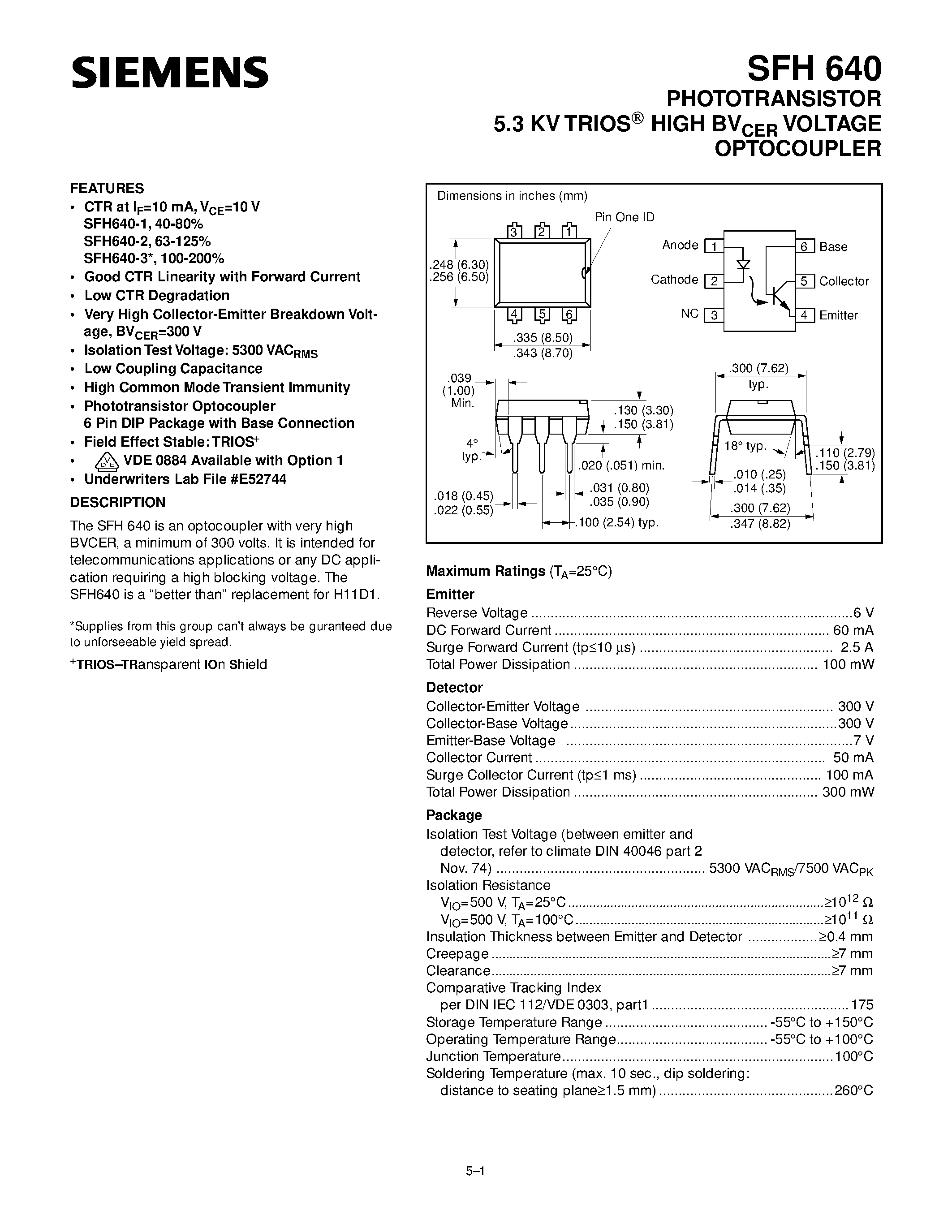 Даташит SFH640-3 - PHOTOTRANSISTOR 5.3 KV TRIOS HIGH BV CER VOLTAGE OPTOCOUPLER страница 1