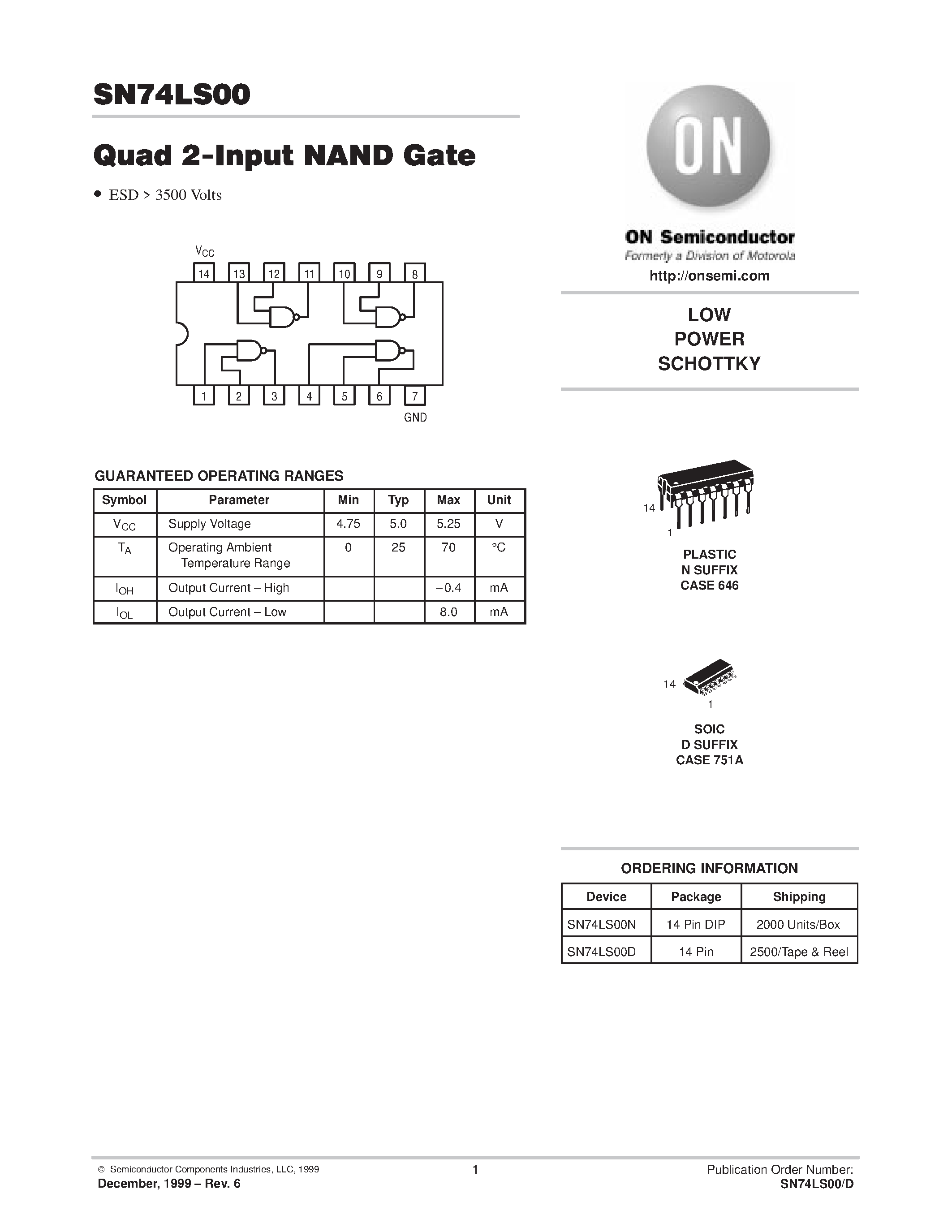 Даташит SN74LS00 - Quad 2-Input NAND Gate страница 1