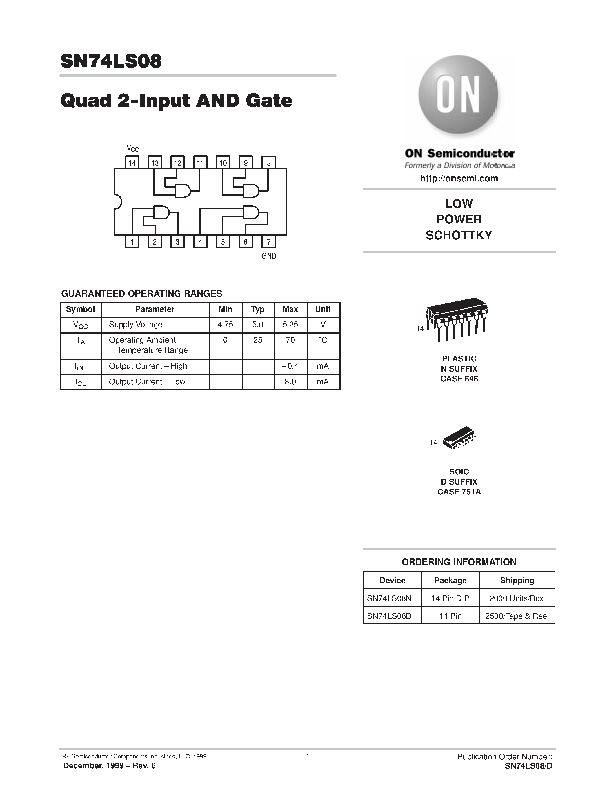 Даташит SN74LS08 - LOW POWER SCHOTTKY страница 1