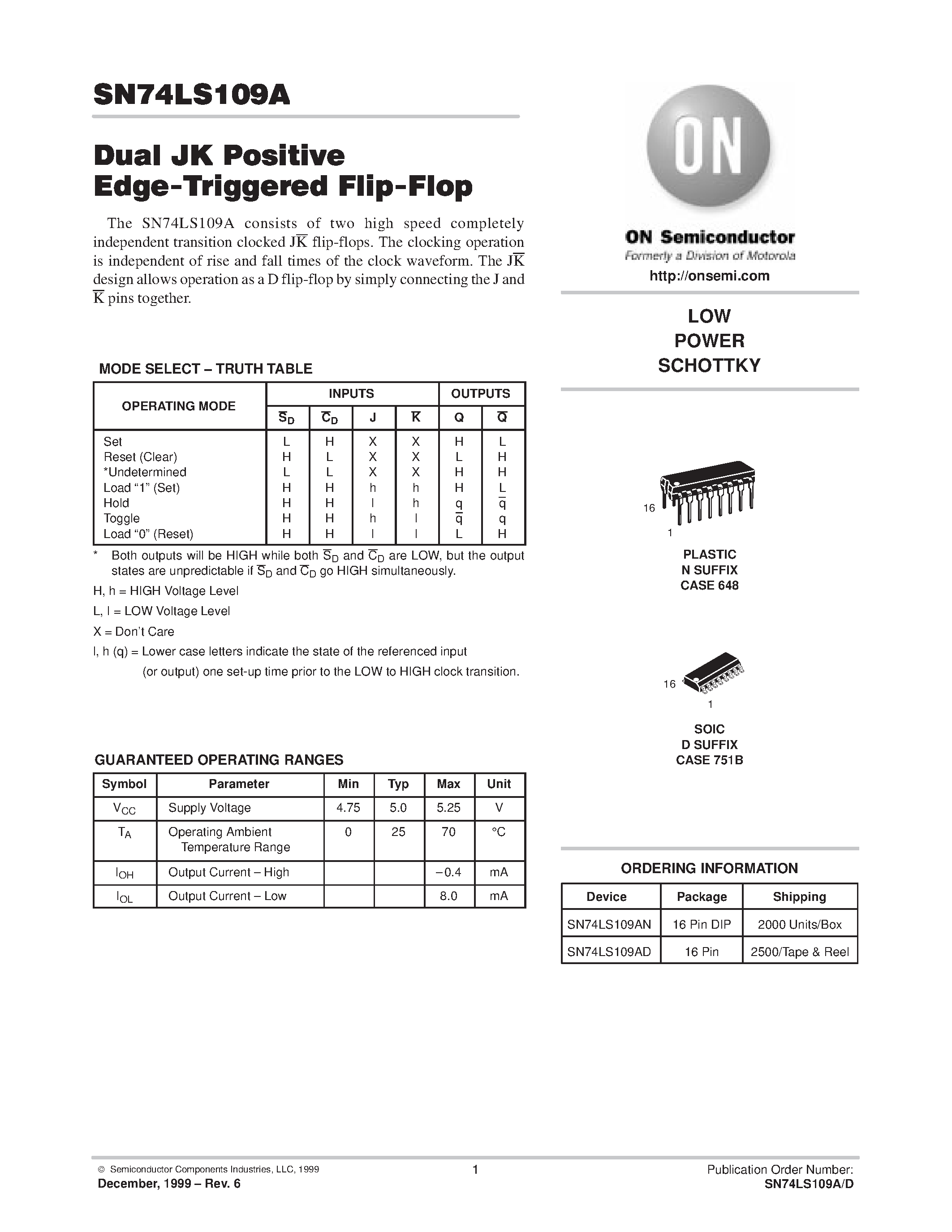 Даташит SN74LS109AD - LOW POWER SCHOTTKY страница 1