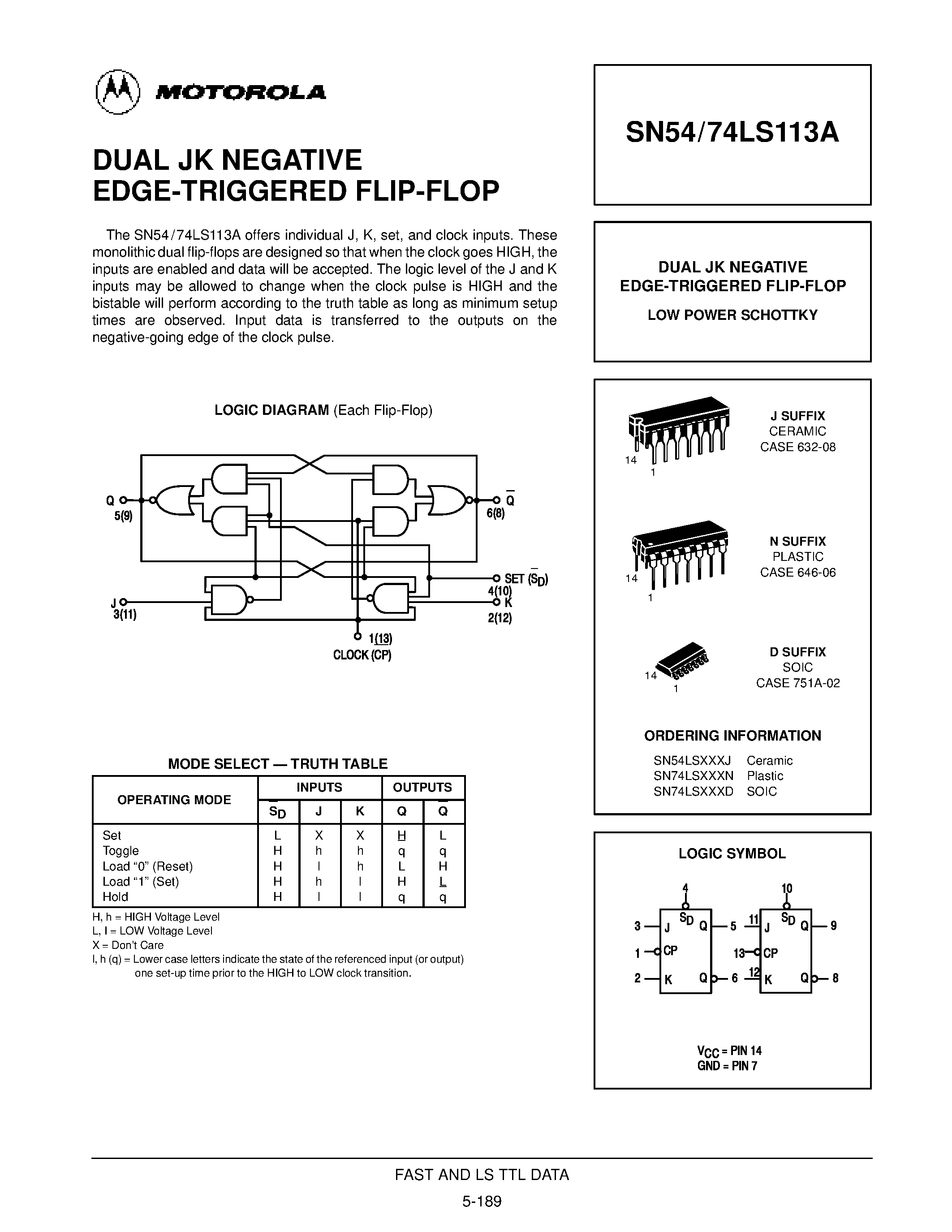 Даташит SN74LS113D - DUAL JK NEGATIVE EDGE-TRIGGERED FLIP-FLOP страница 1