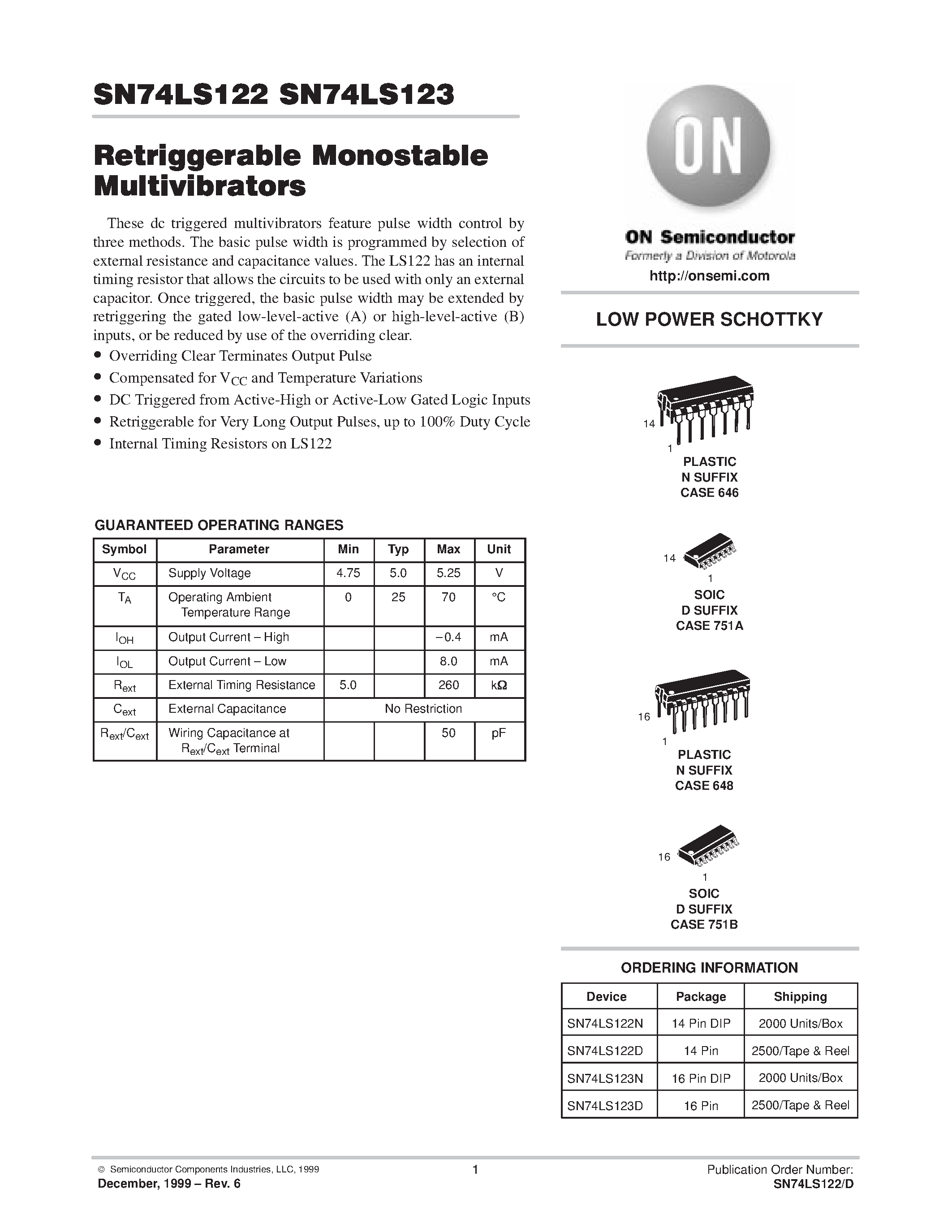 Даташит SN74LS122 - LOW POWER SCHOTTKY страница 1