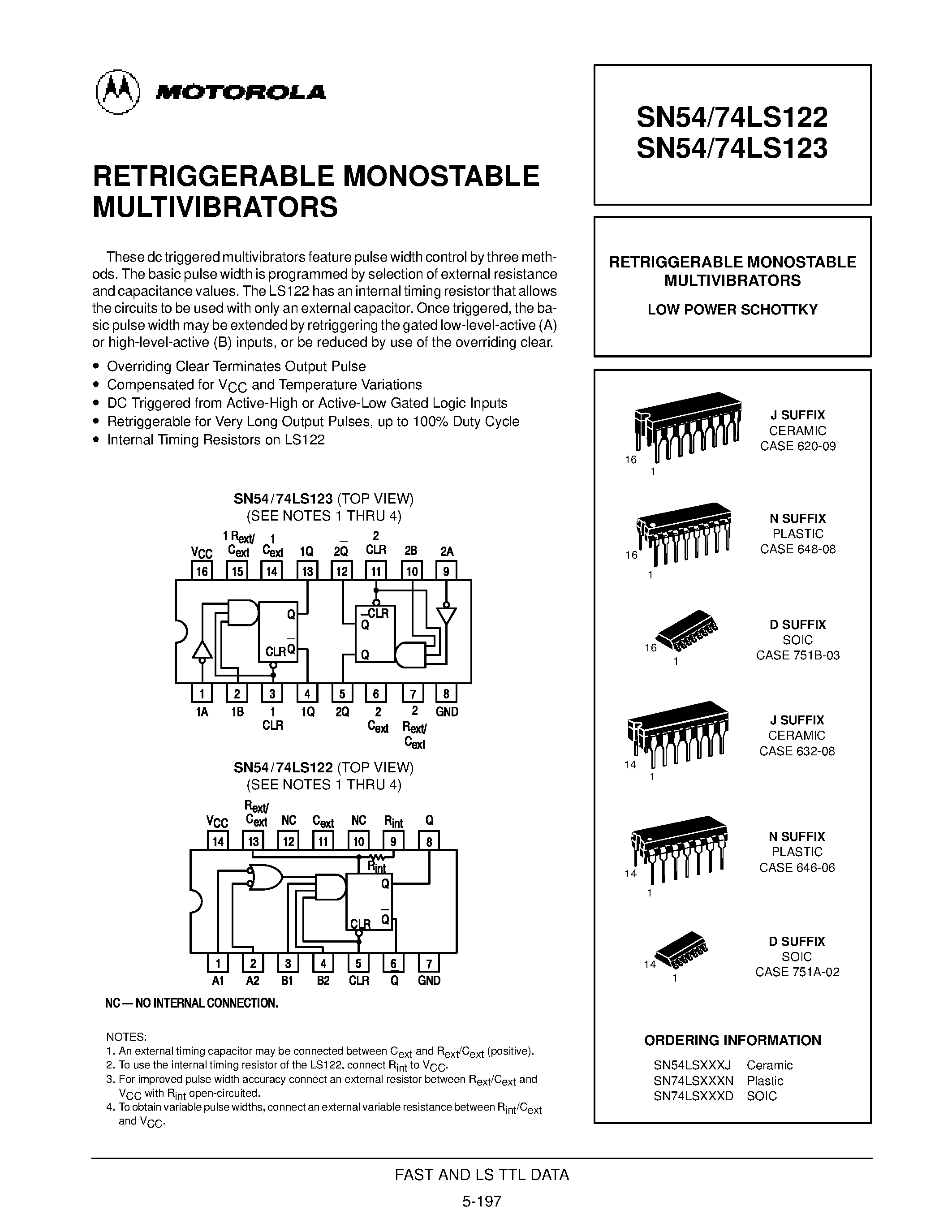 Даташит SN74LS122N - RETRIGGERABLE MONOSTABLE MULTIVIBRATORS страница 1