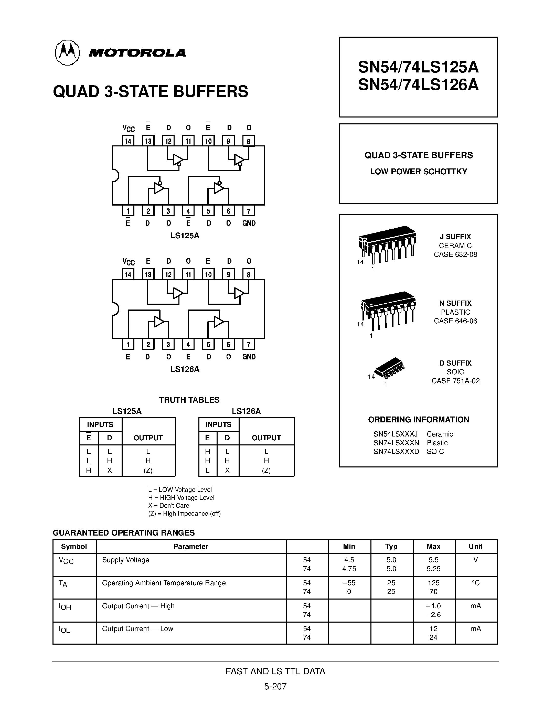 Даташит SN74LS125D - QUAD 3-STATE BUFFERS страница 1