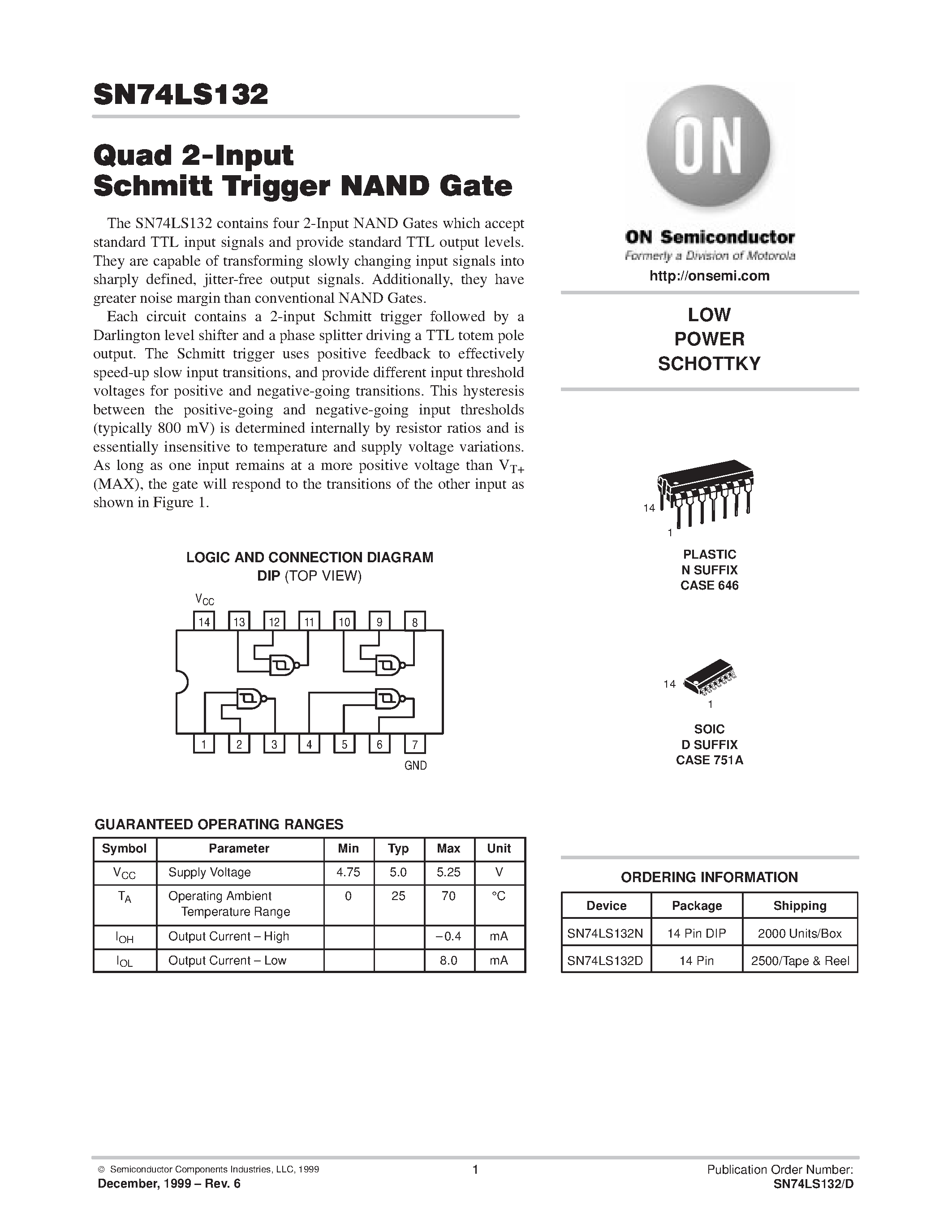 Даташит SN74LS132 - LOW POWER SCHOTTKY страница 1