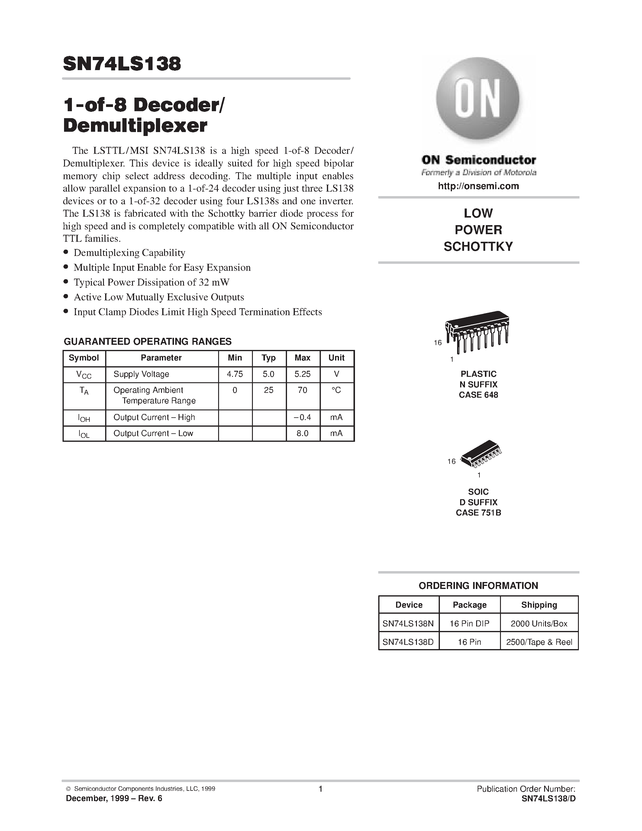 Даташит SN74LS138D - LOW POWER SCHOTTKY страница 1