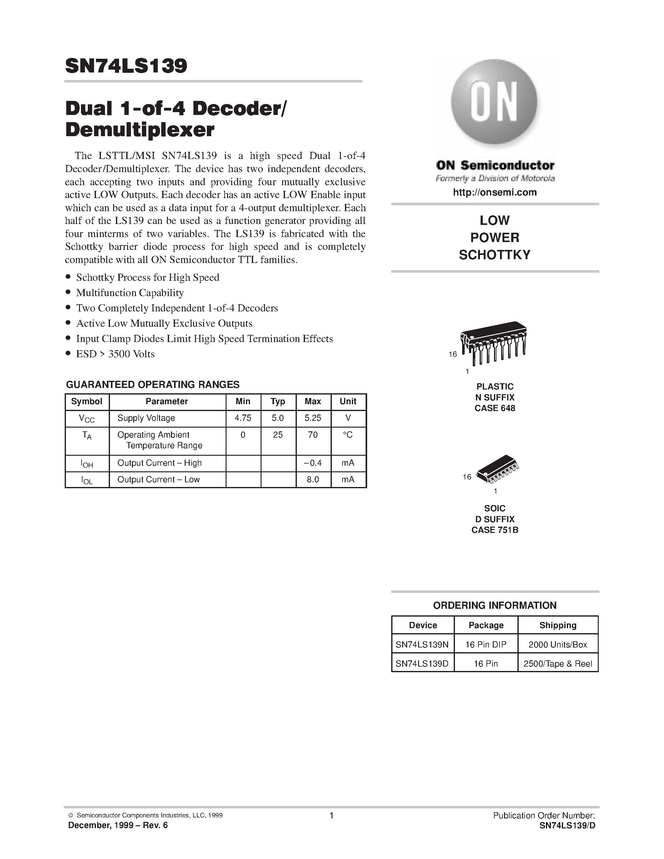 Даташит SN74LS139 - LOW POWER SCHOTTKY страница 1