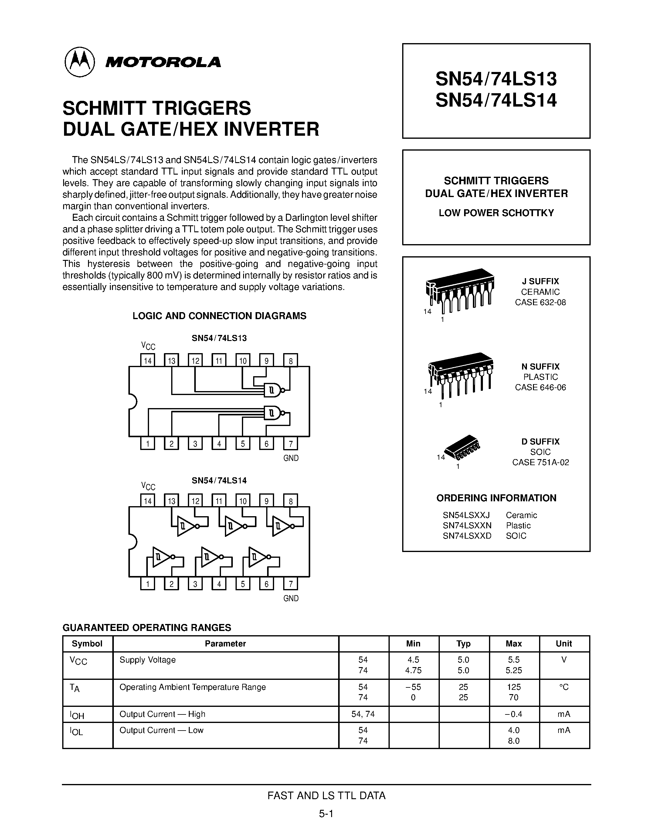 Даташит SN74LS13D - SCHMITT TRIGGERS DUAL GATE/HEX INVERTER страница 1