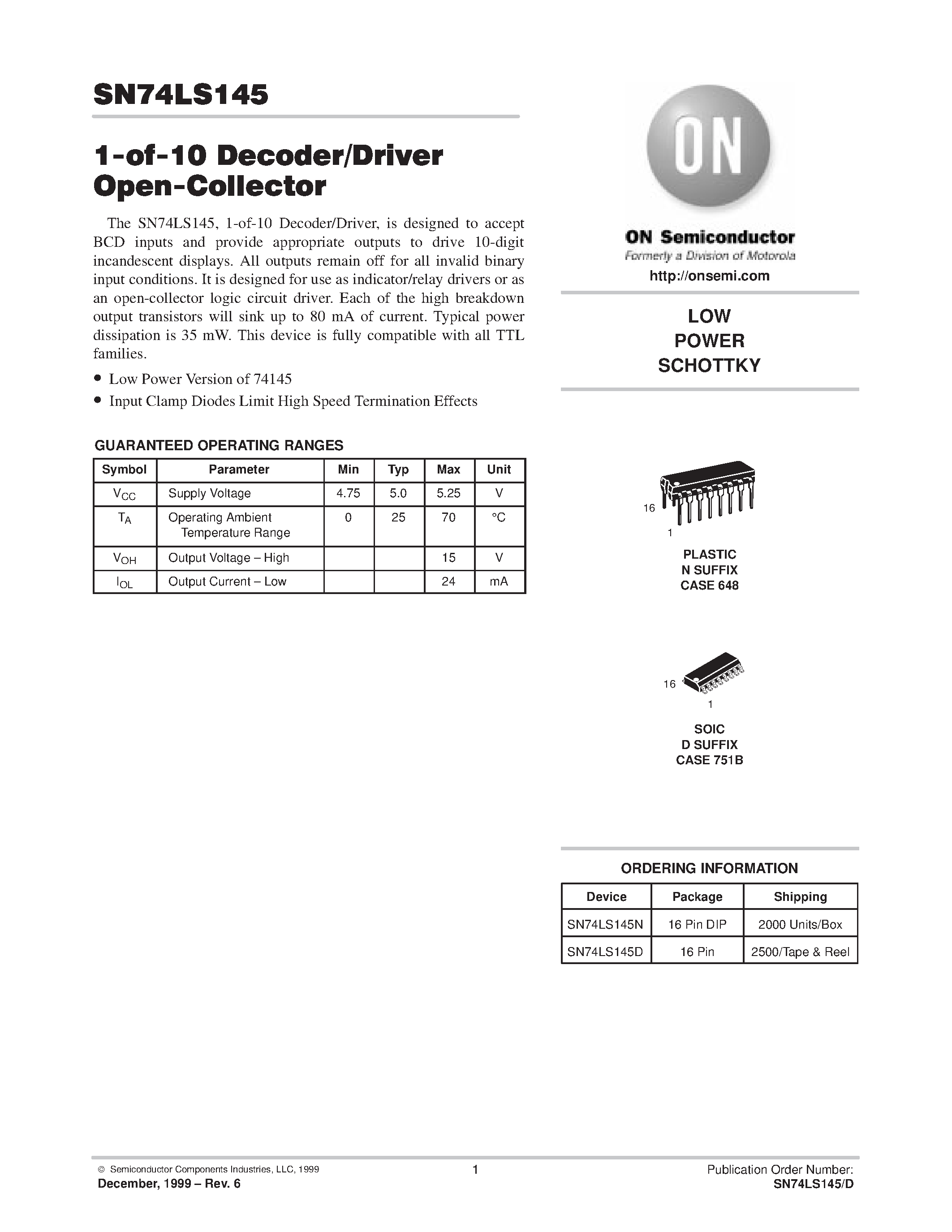 Даташит SN74LS145 - 1-of-10 Decoder / Drvier Open-Collector страница 1