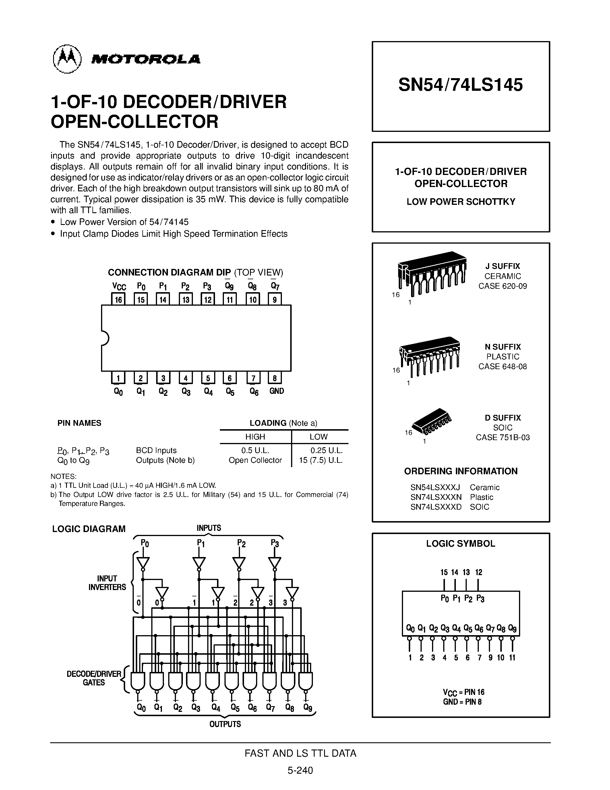 Даташит SN74LS145N - 1-OF-10 DECODER/DRIVER OPEN-COLLECTOR страница 1