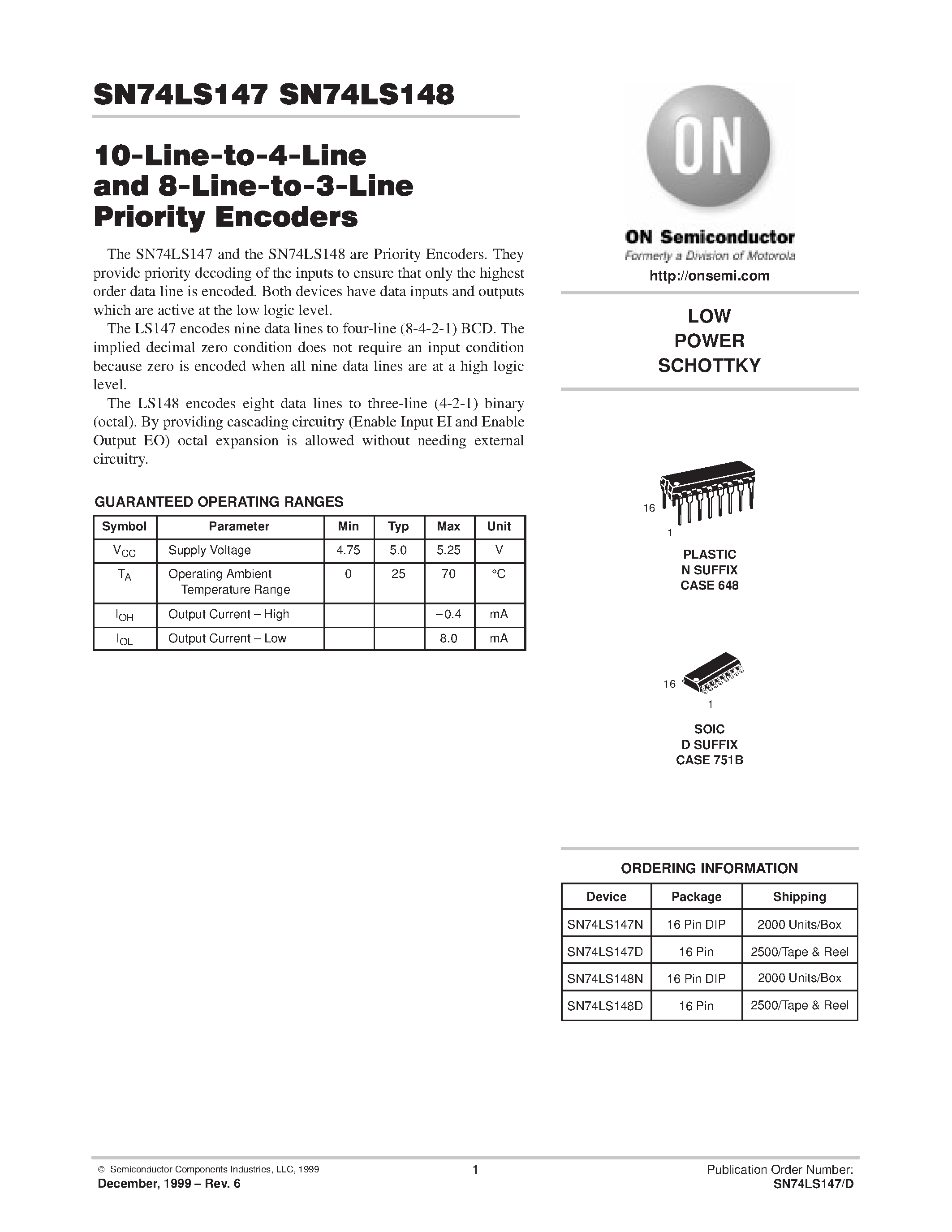 Даташит SN74LS147 - LOW POWER SCHOTTKY страница 1