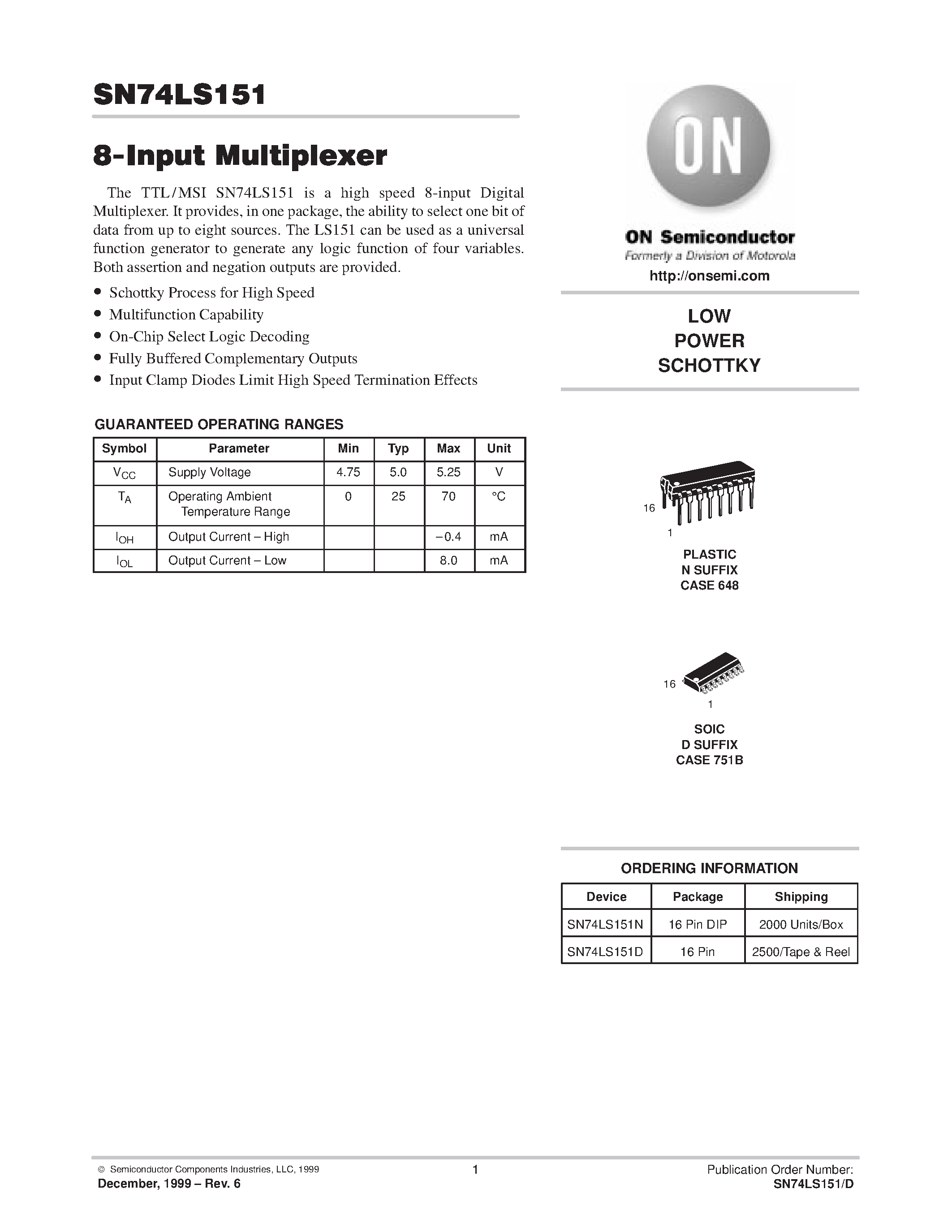 Даташит SN74LS151 - LOW POWER SCHOTTKY страница 1