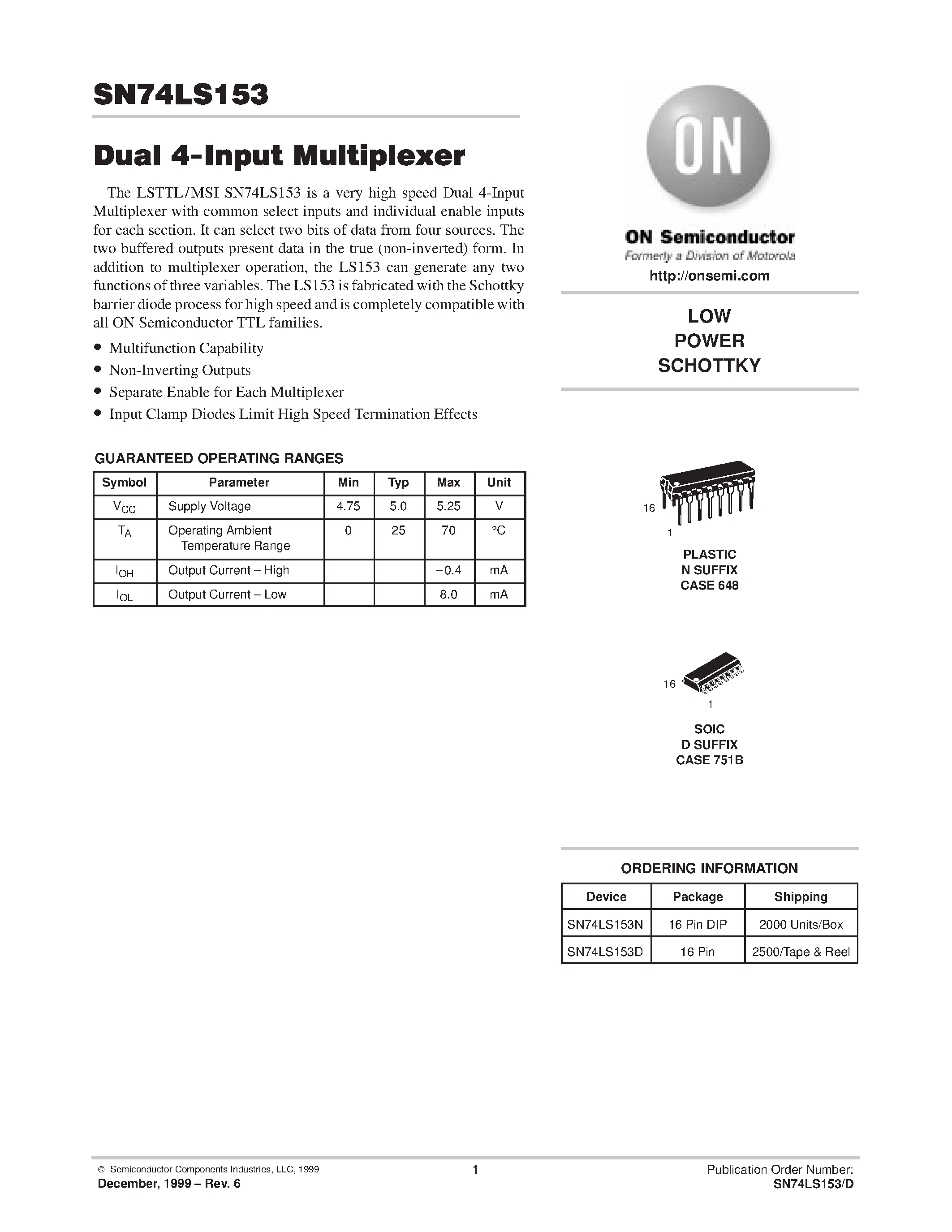 Даташит SN74LS153 - LOW POWER SCHOTTKY страница 1