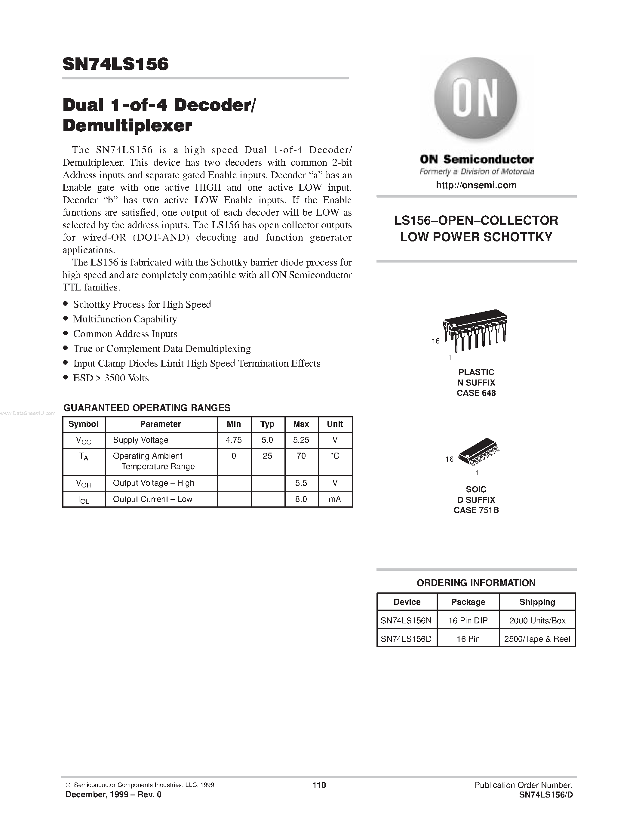 Даташит SN74LS156D - DUAL 1-OF-4 DECODER/ DEMULTIPLEXER страница 1