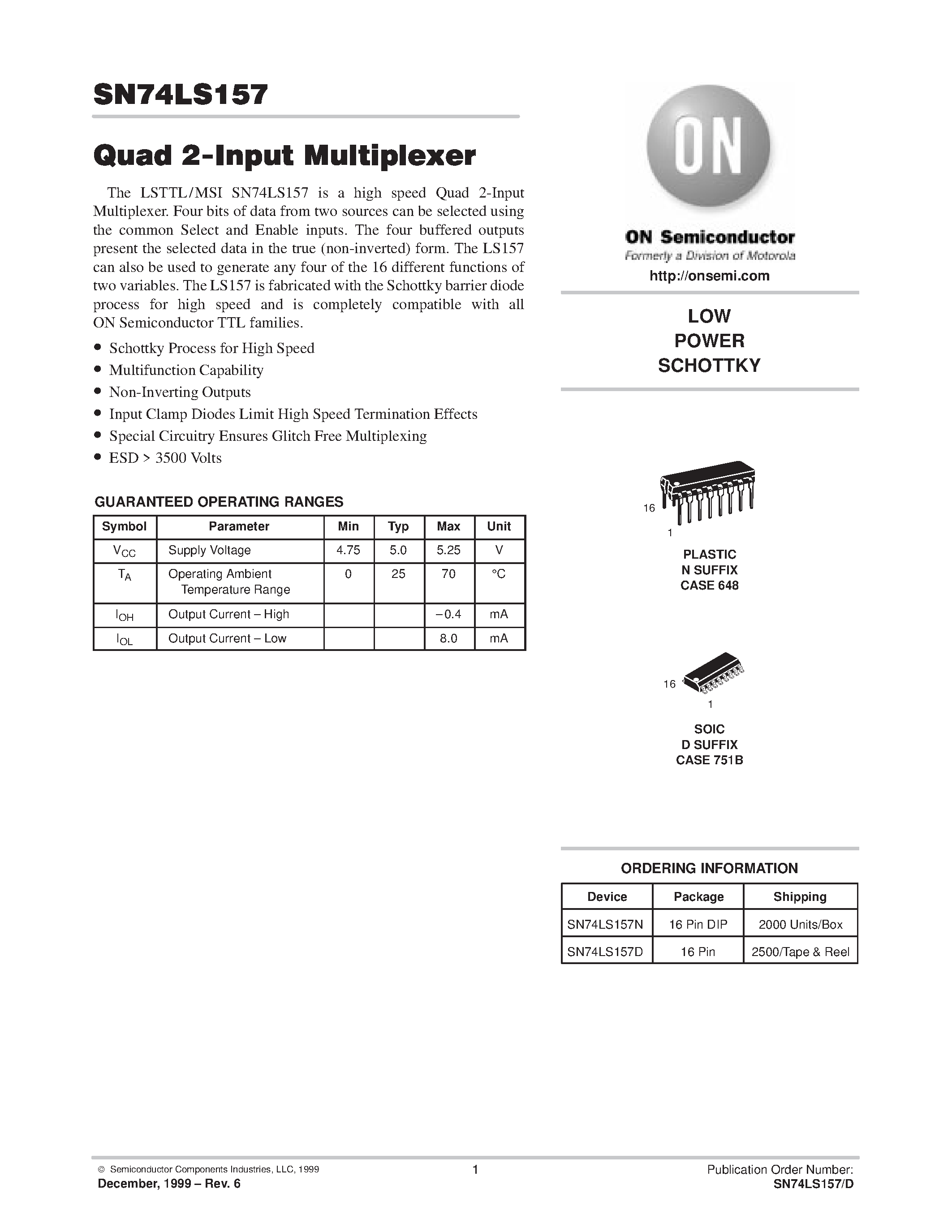 Даташит SN74LS157 - LOW POWER SCHOTTKY страница 1