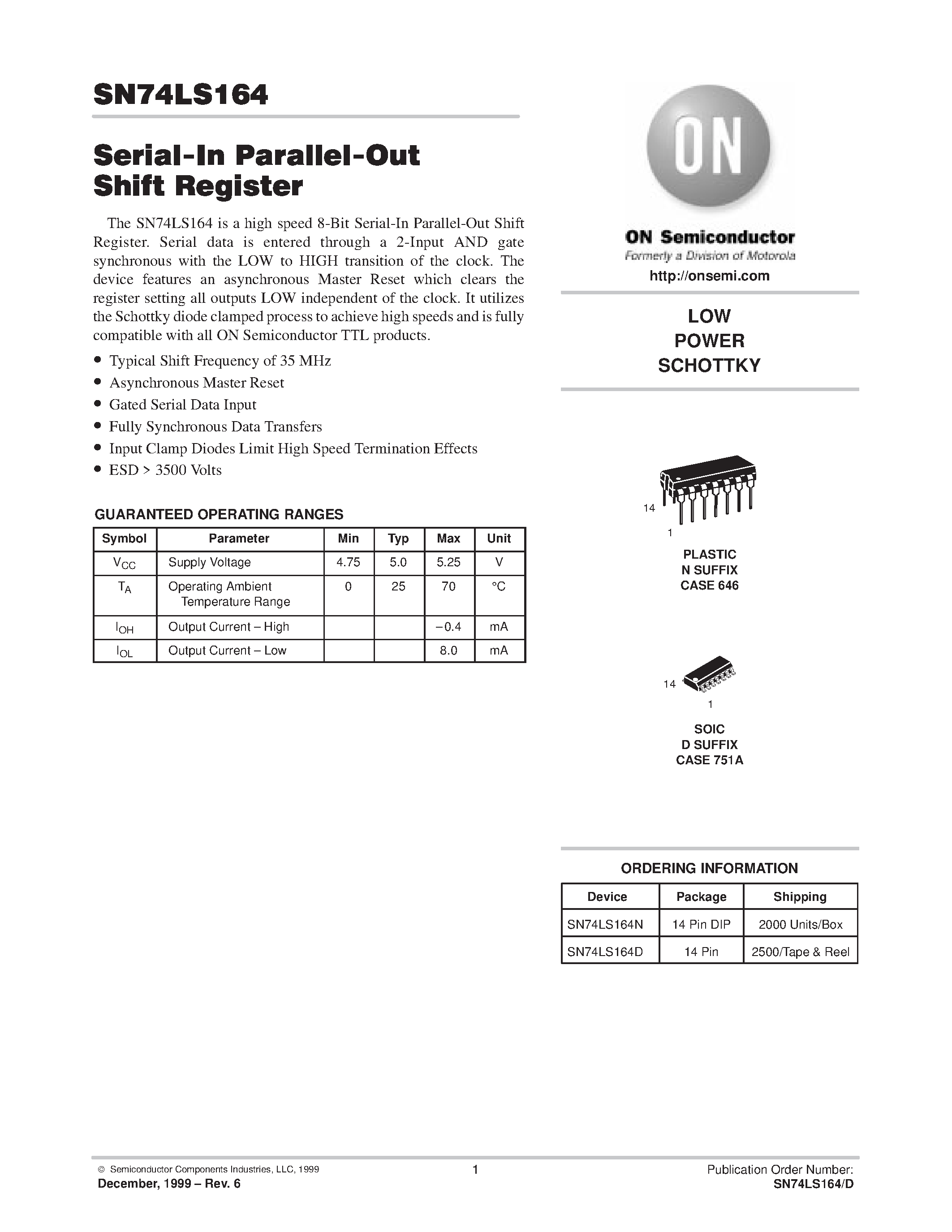 Даташит SN74LS164 - LOW POWER SCHOTTKY страница 1