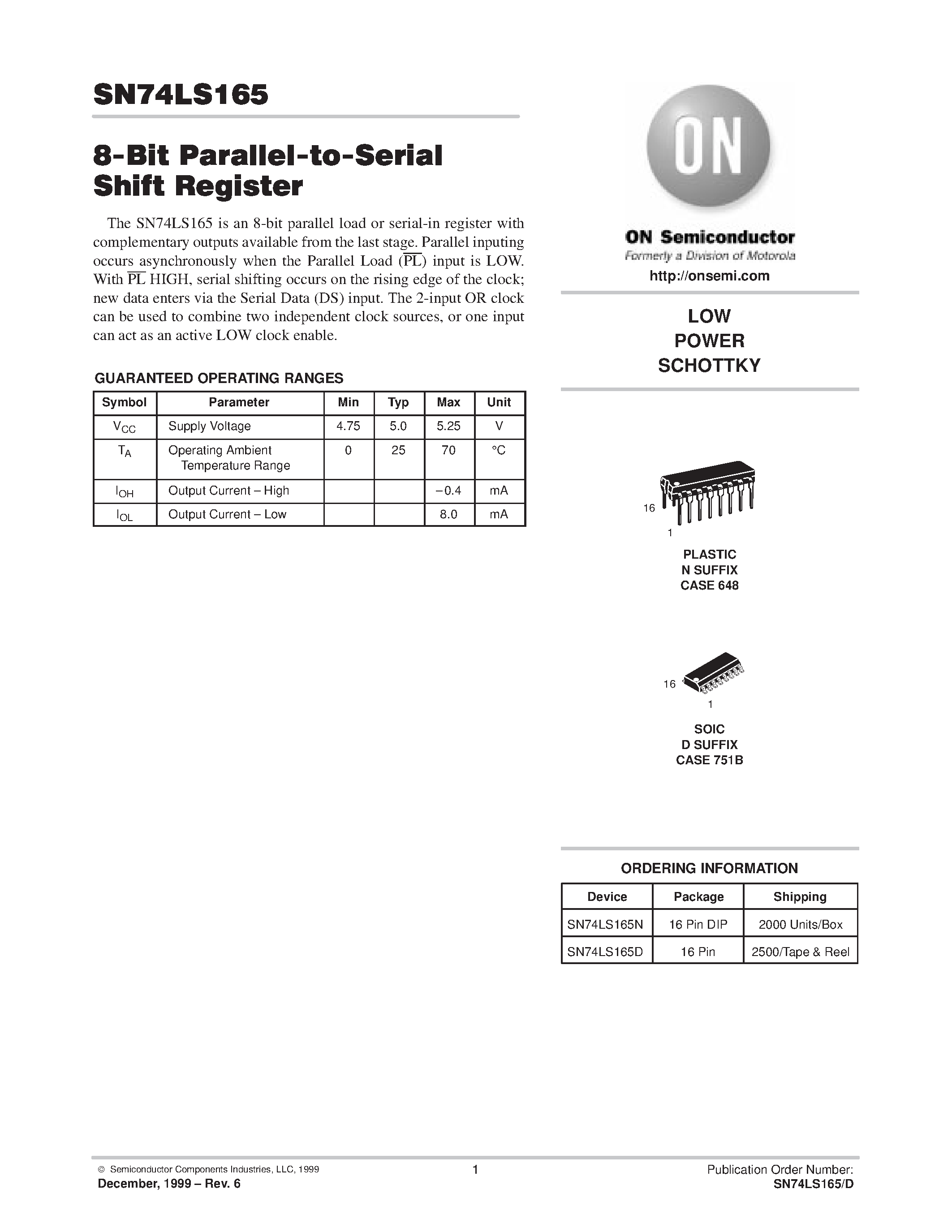 Даташит SN74LS165 - LOW POWER SCHOTTKY страница 1