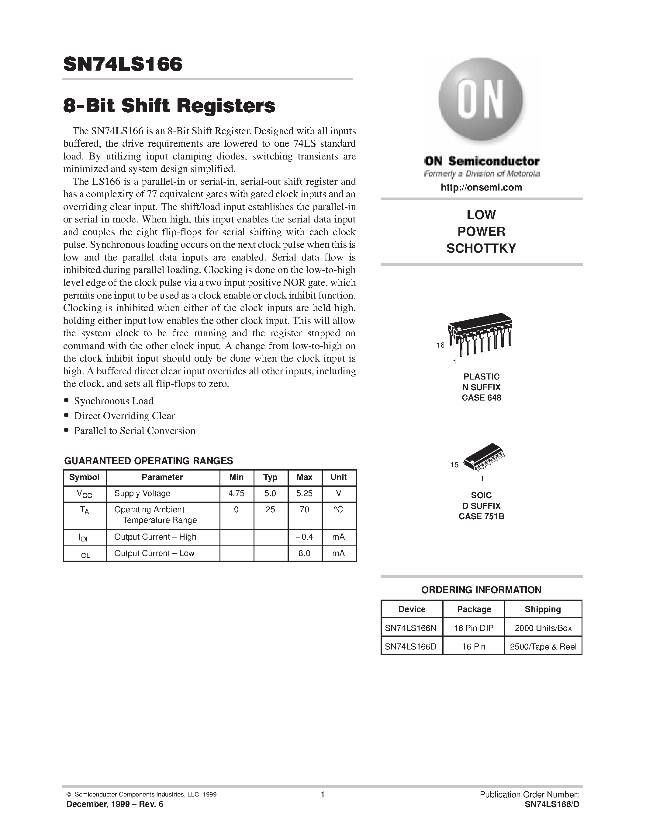 Даташит SN74LS166 - LOW POWER SCHOTTKY страница 1