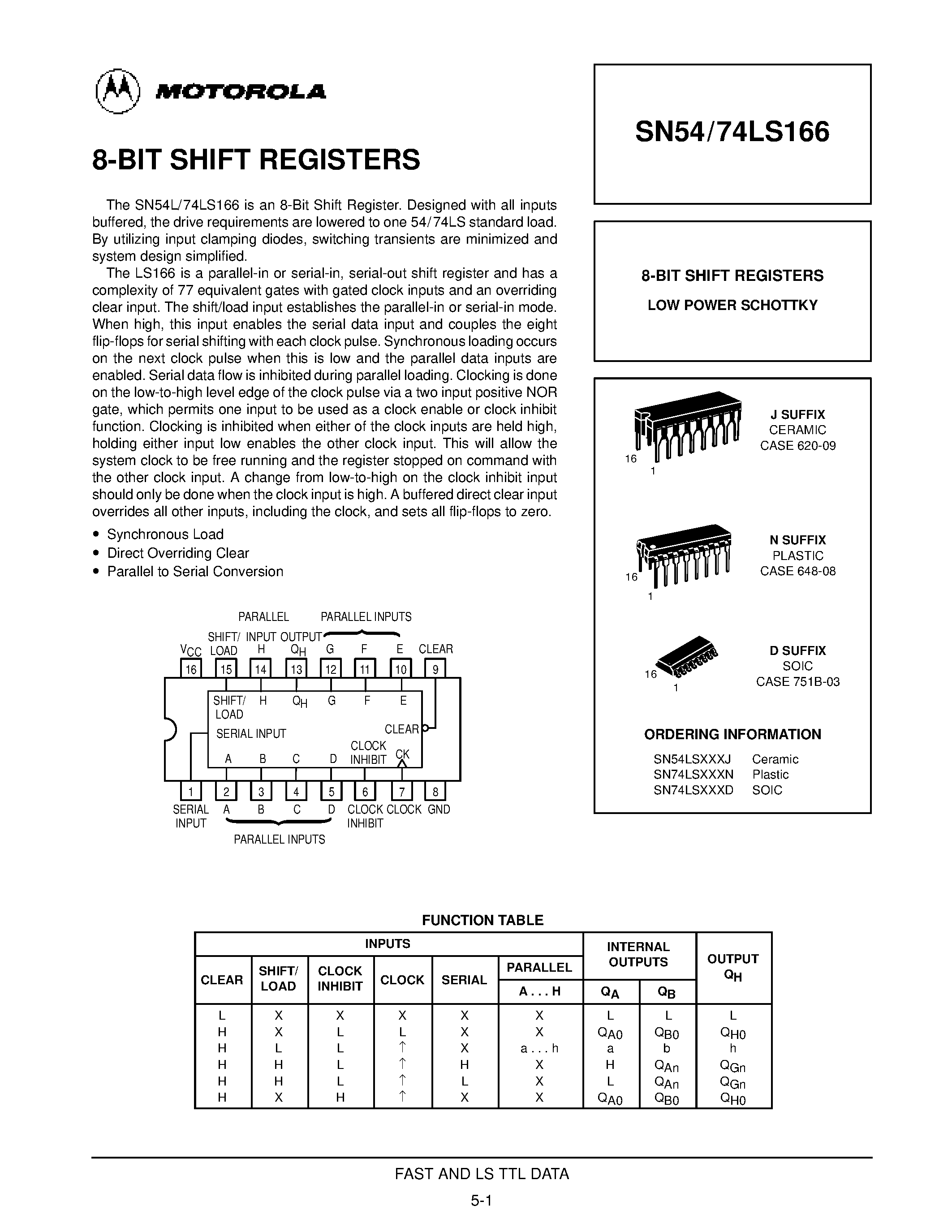 Даташит SN74LS166D - 8-BIT SHIFT REGISTERS страница 1