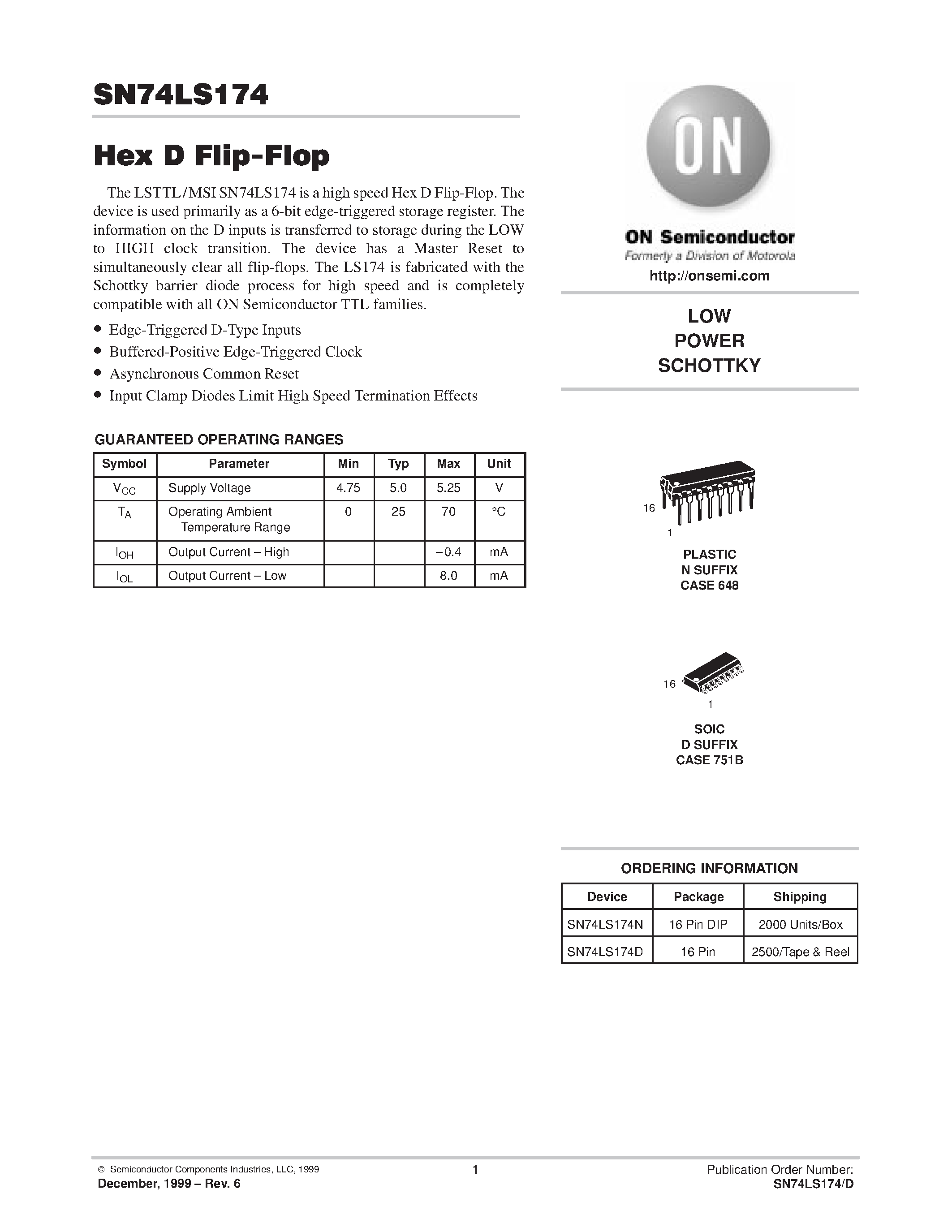 Даташит SN74LS174 - LOW POWER SCHOTTKY страница 1