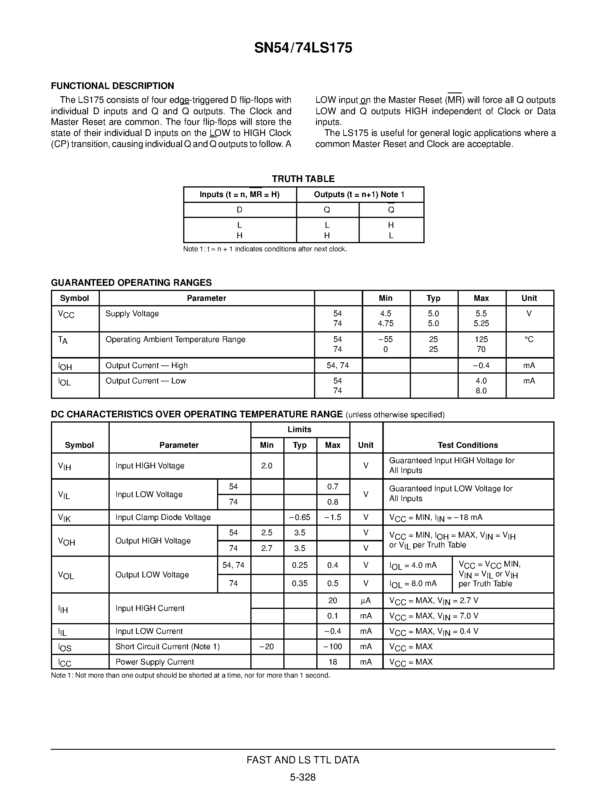 Даташит SN74LS175N - QUAD D FLIP-FLOP страница 2