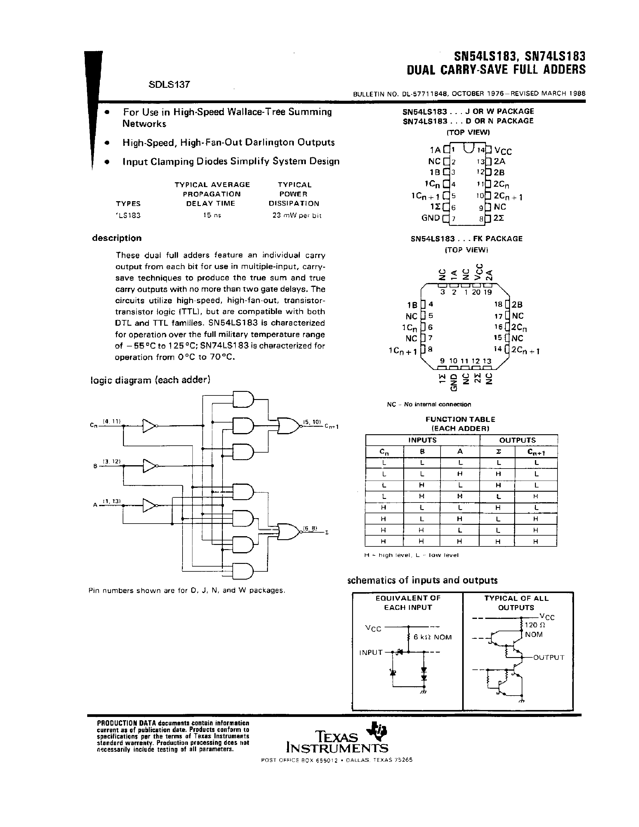 Даташит SN74LS183 - DUAL CARRY SAVE FULL ADDERS страница 1