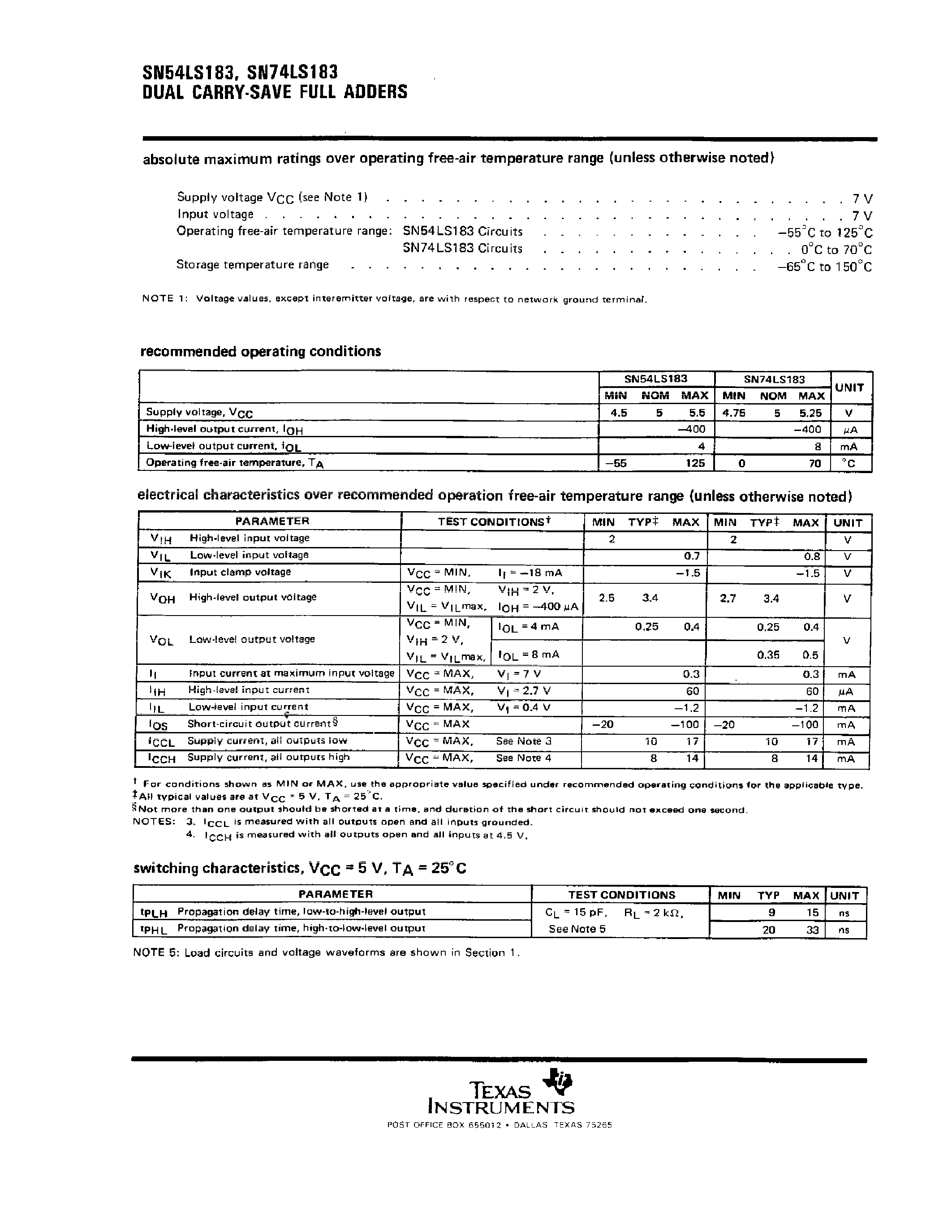 Даташит SN74LS183 - DUAL CARRY SAVE FULL ADDERS страница 2