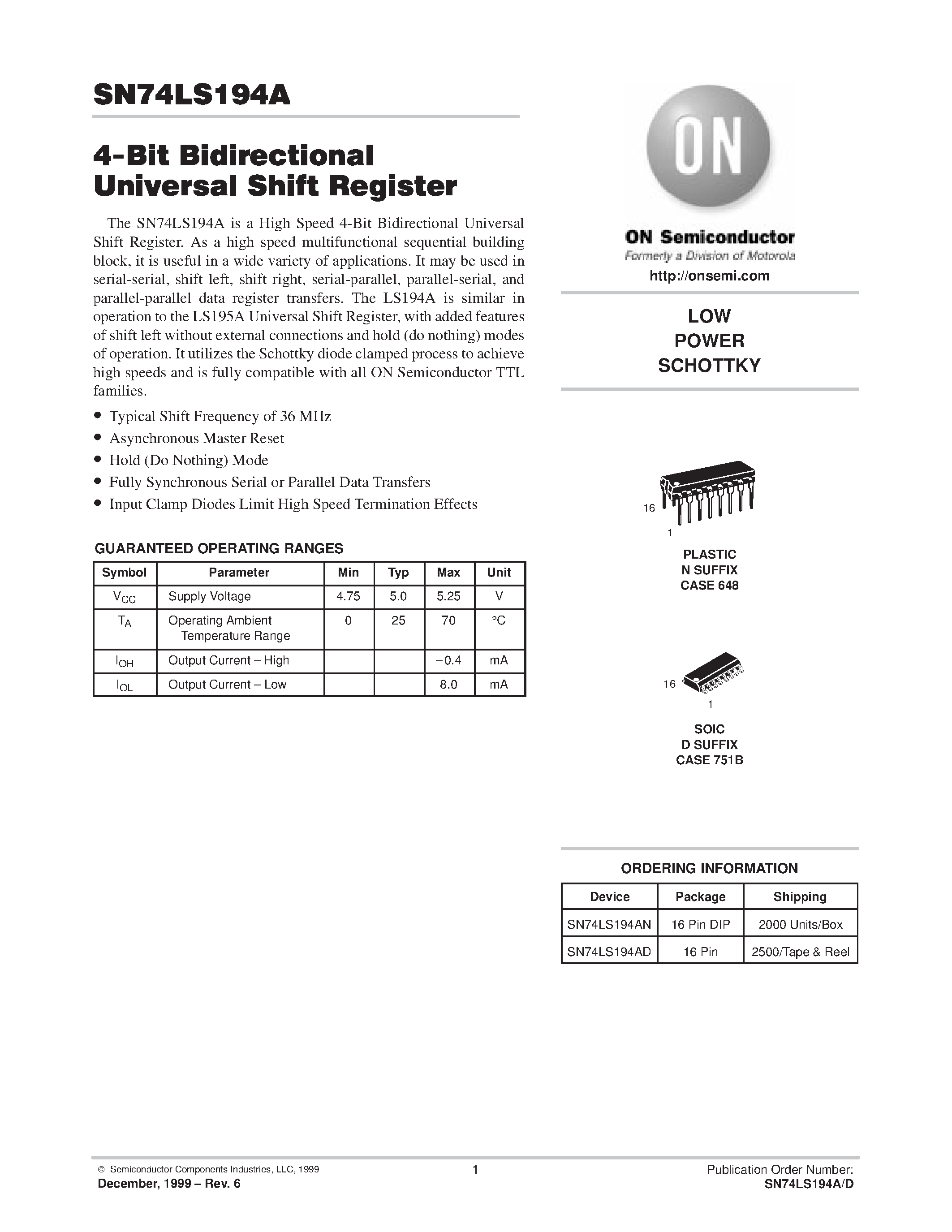 Даташит SN74LS194 - LOW POWER SCHOTTKY страница 1