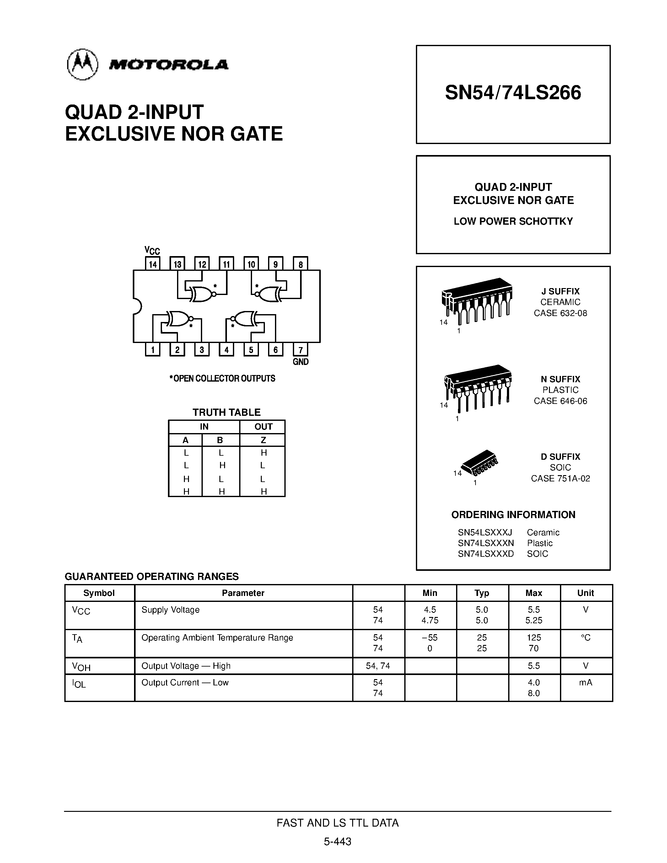 Даташит SN74LS266D - QUAD 2-INPUT EXCLUSIVE NOR GATE страница 1