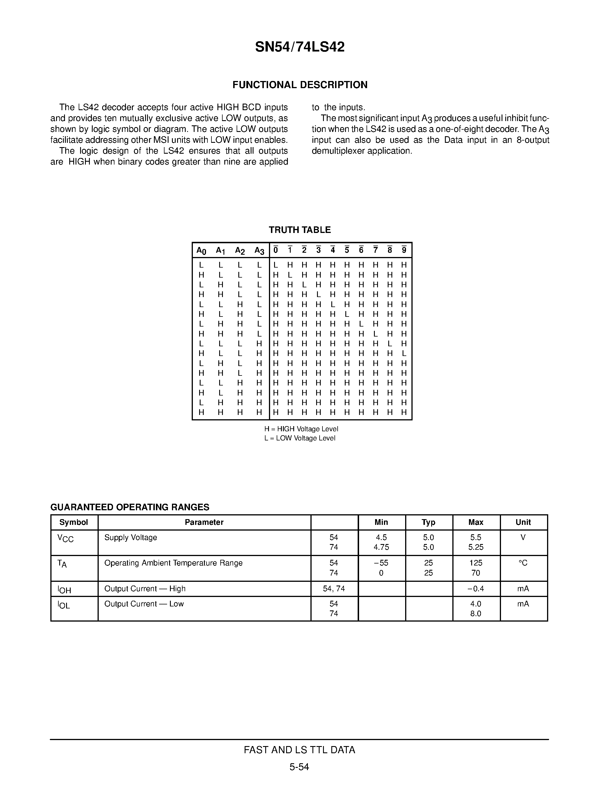 Даташит SN74LS42D - ONE-OF-TEN DECODER страница 2