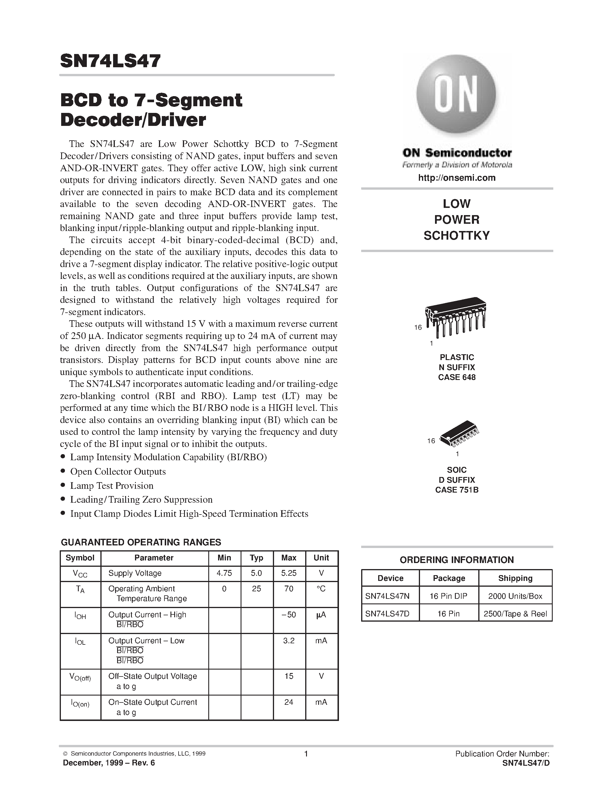 Даташит SN74LS47 - BCD to 7-Segment Decoder/Driver страница 1