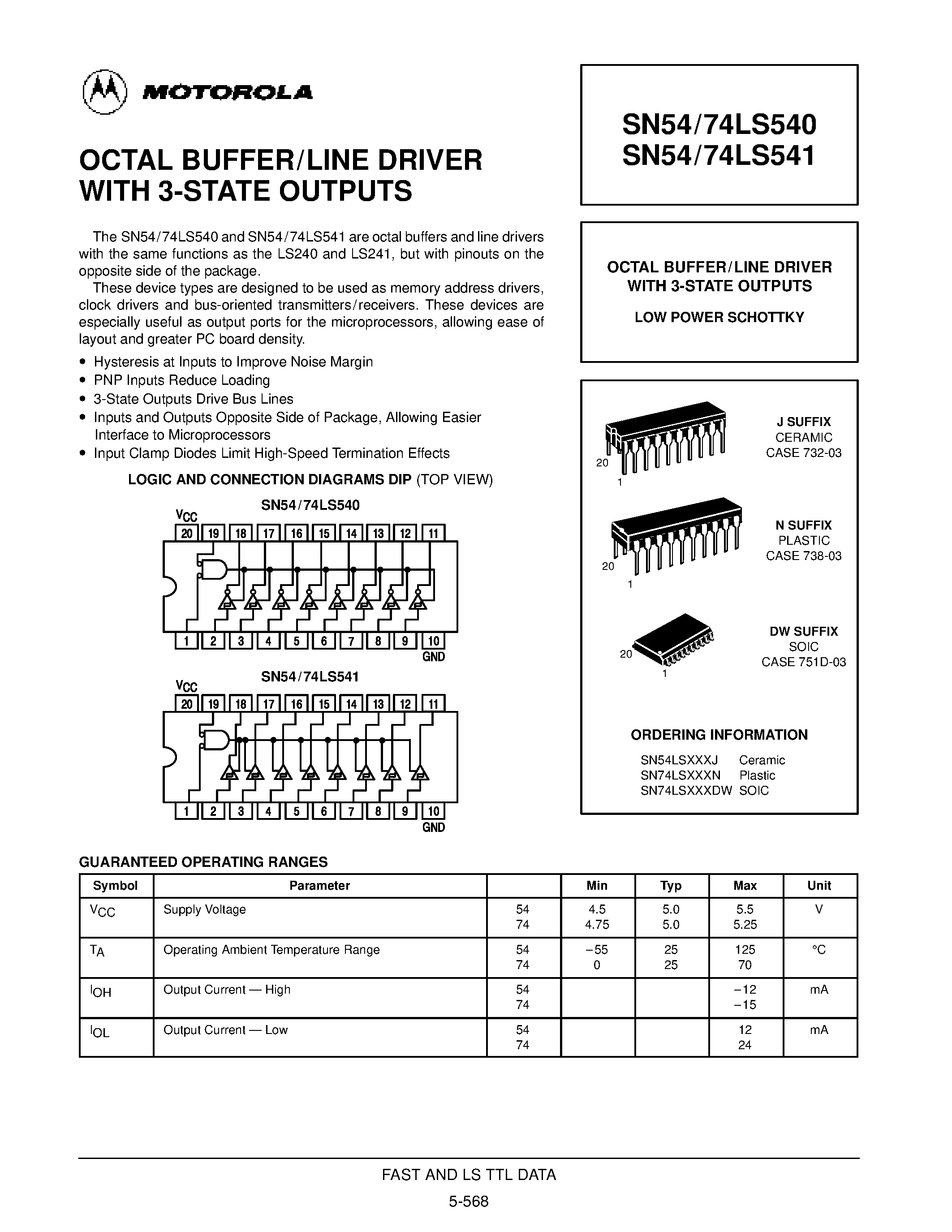 Даташит SN74LS540N - OCTAL BUFFER/LINE DRIVER WITH 3-STATE OUTPUTS страница 1