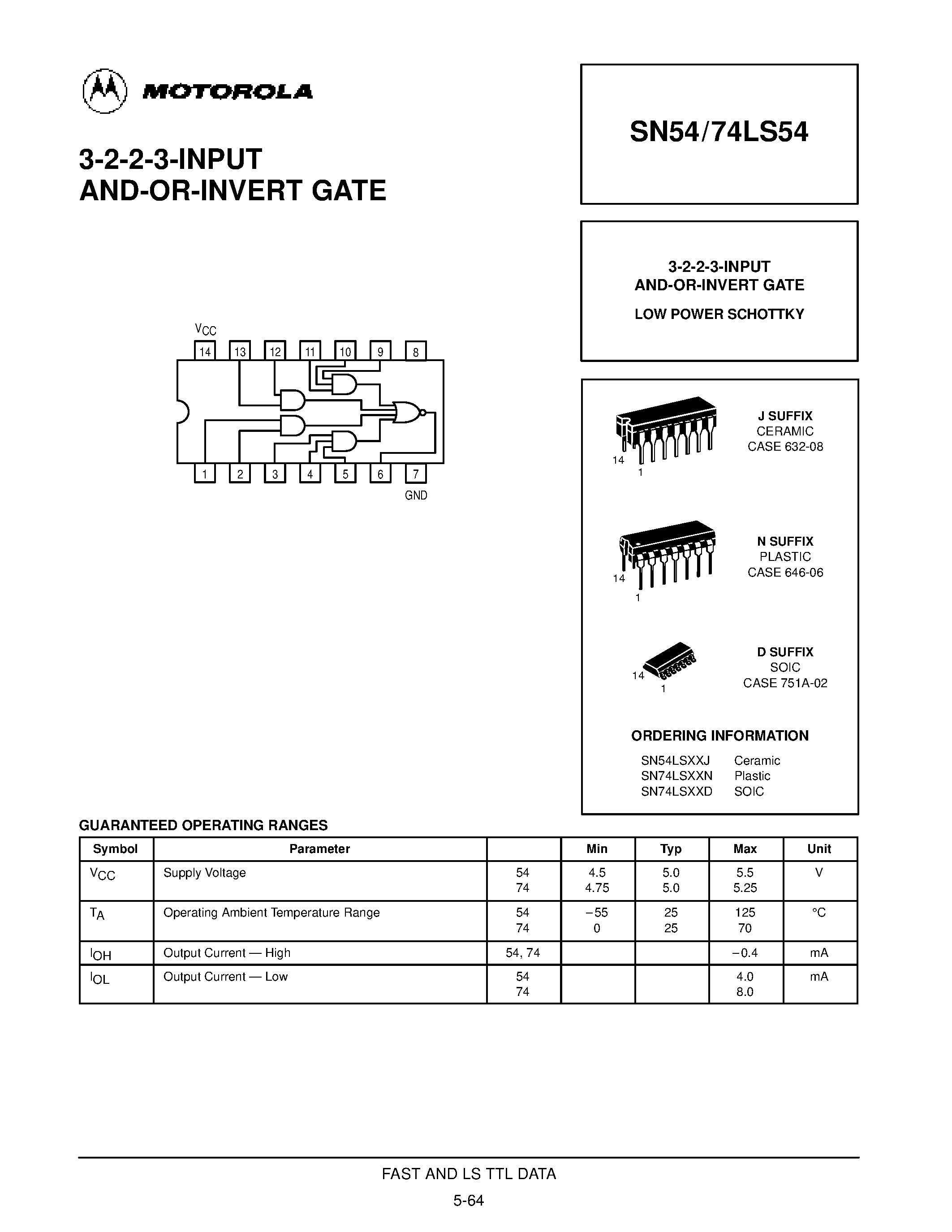 Даташит SN74LS54N - 3-2-2-3-INPUT AND-OR-INVERT GATE страница 1