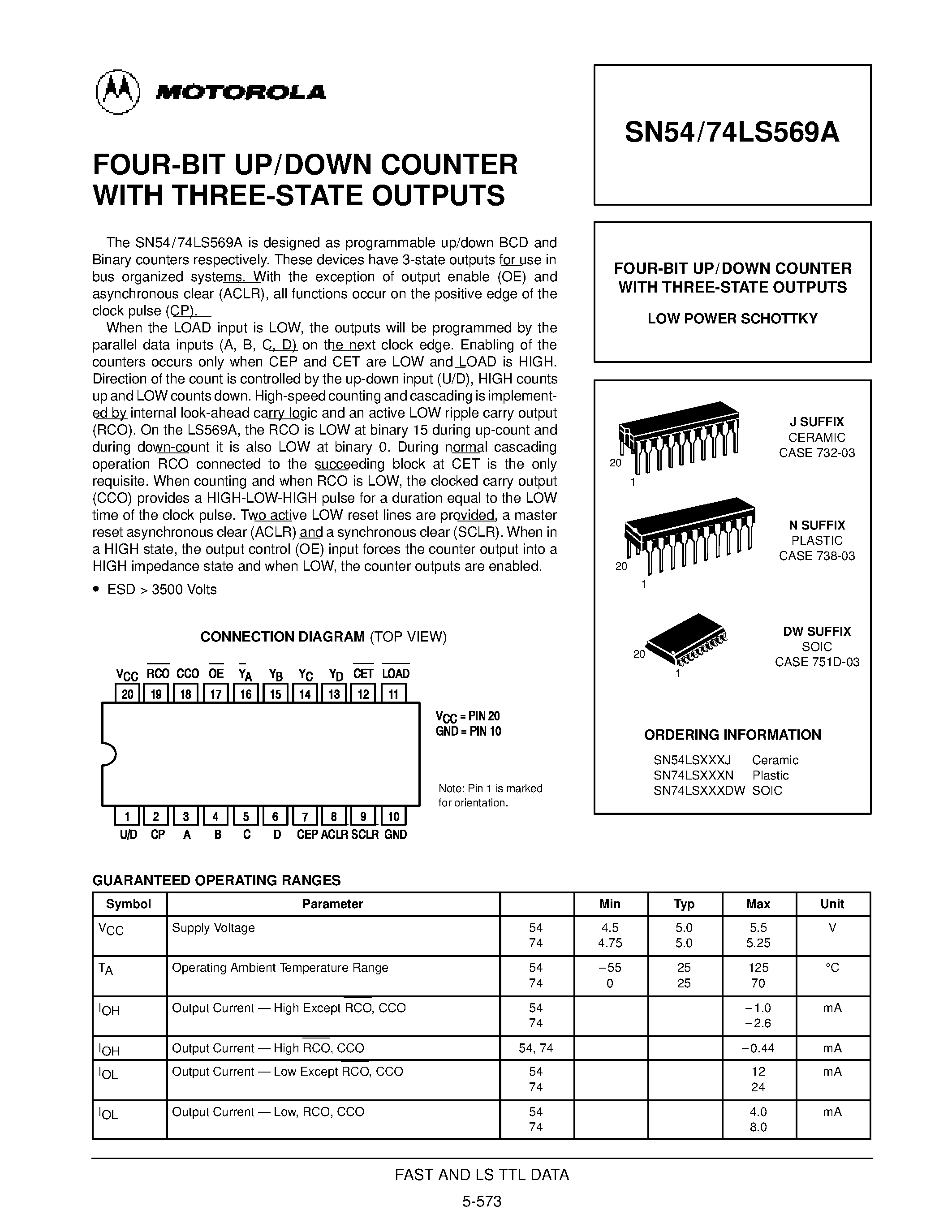 Datasheet SN74LS569N - FOUR-BIT UP/DOWN COUNTER WITH THREE-STATE OUTPUTS page 1