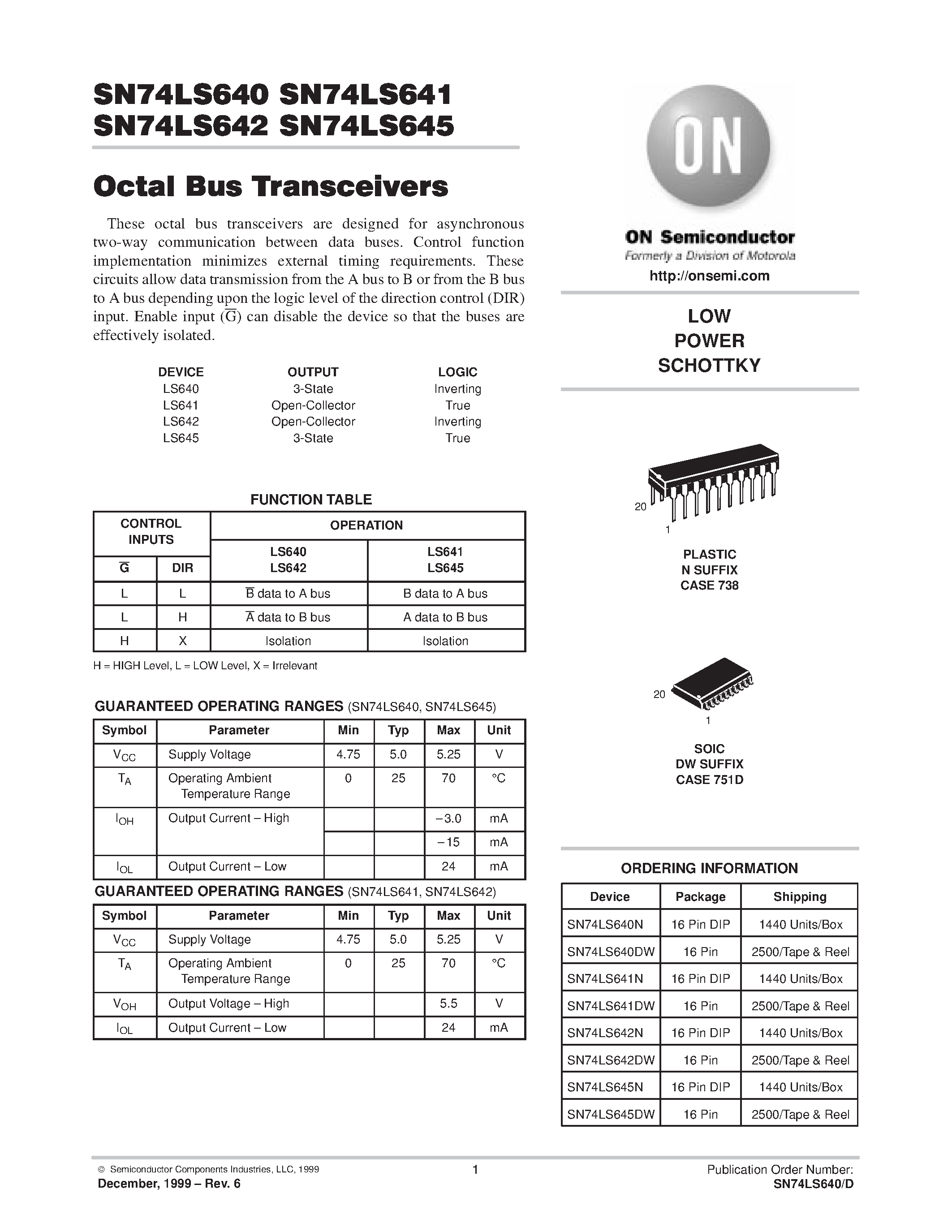 Даташит SN74LS640DW - LOW POWER SCHOTTKY страница 1