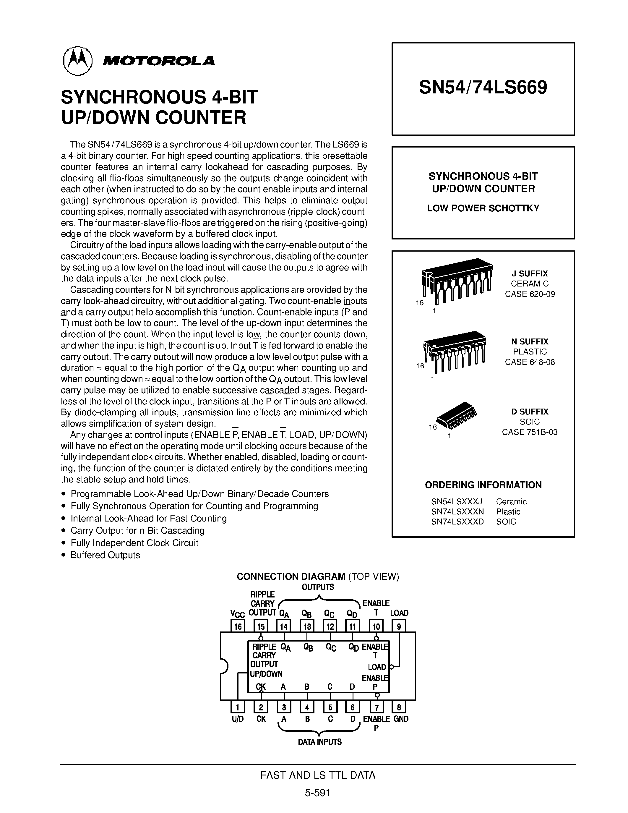 Даташит SN74LS669D - SYNCHRONOUS 4-BIT UP/DOWN COUNTER страница 1