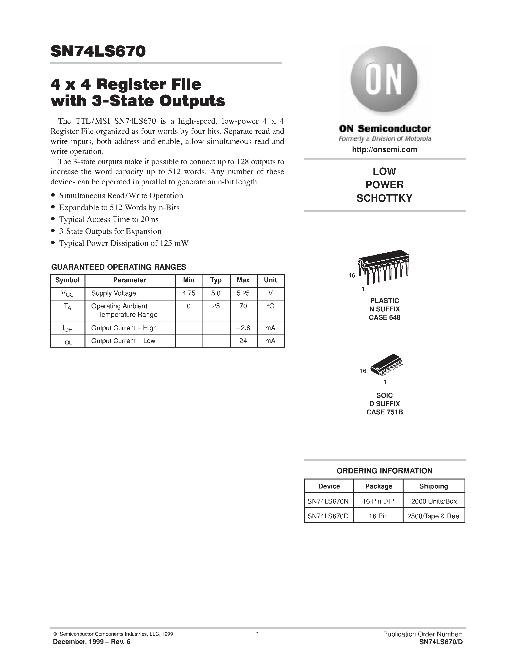 Даташит SN74LS670 - LOW POWER SCHOTTKY страница 1